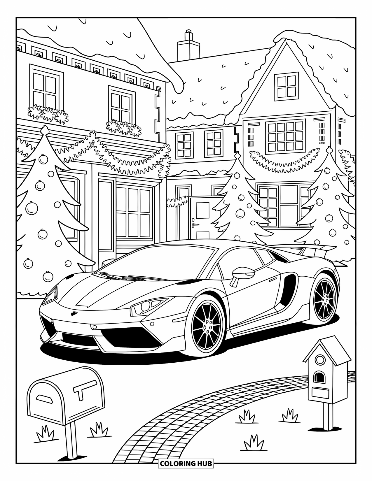 Supercar Coloring Page for Adults: A cozy village square surrounds a supercar with snowflakes and sled tracks