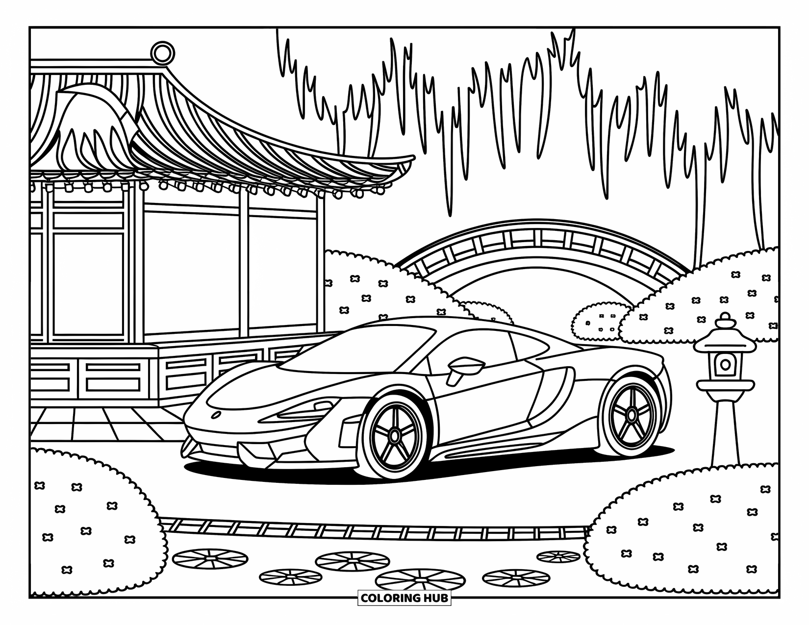 Supercar Coloring Page for Adults: A cute supercar rests beside a koi pond in a peaceful Japanese garden