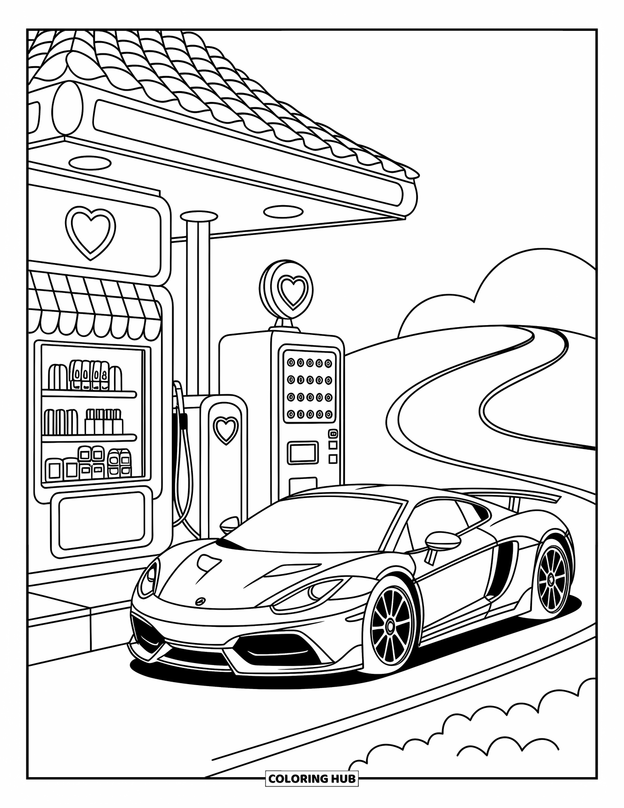 Supercar Coloring Page for Adults: A cute supercar stops at a cozy gas station with heart signs and rolling hills