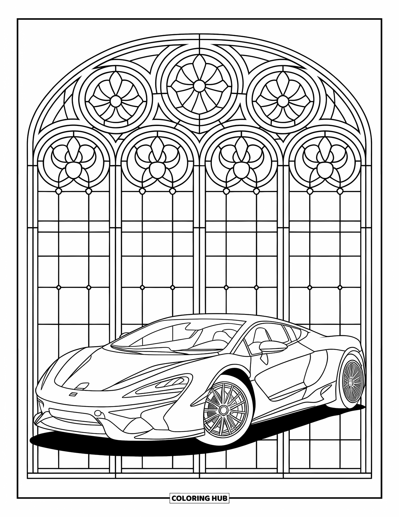 Supercar Coloring Page for Adults: A modern car sits diagonally inside a detailed stained glass frame