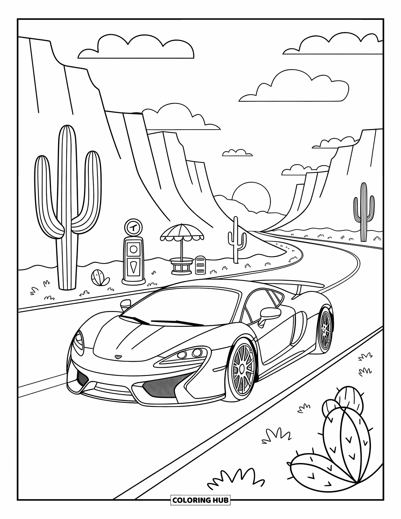 Supercar Coloring Page for Adults: A playful car speeds across the desert with road signs and sunset plateaus