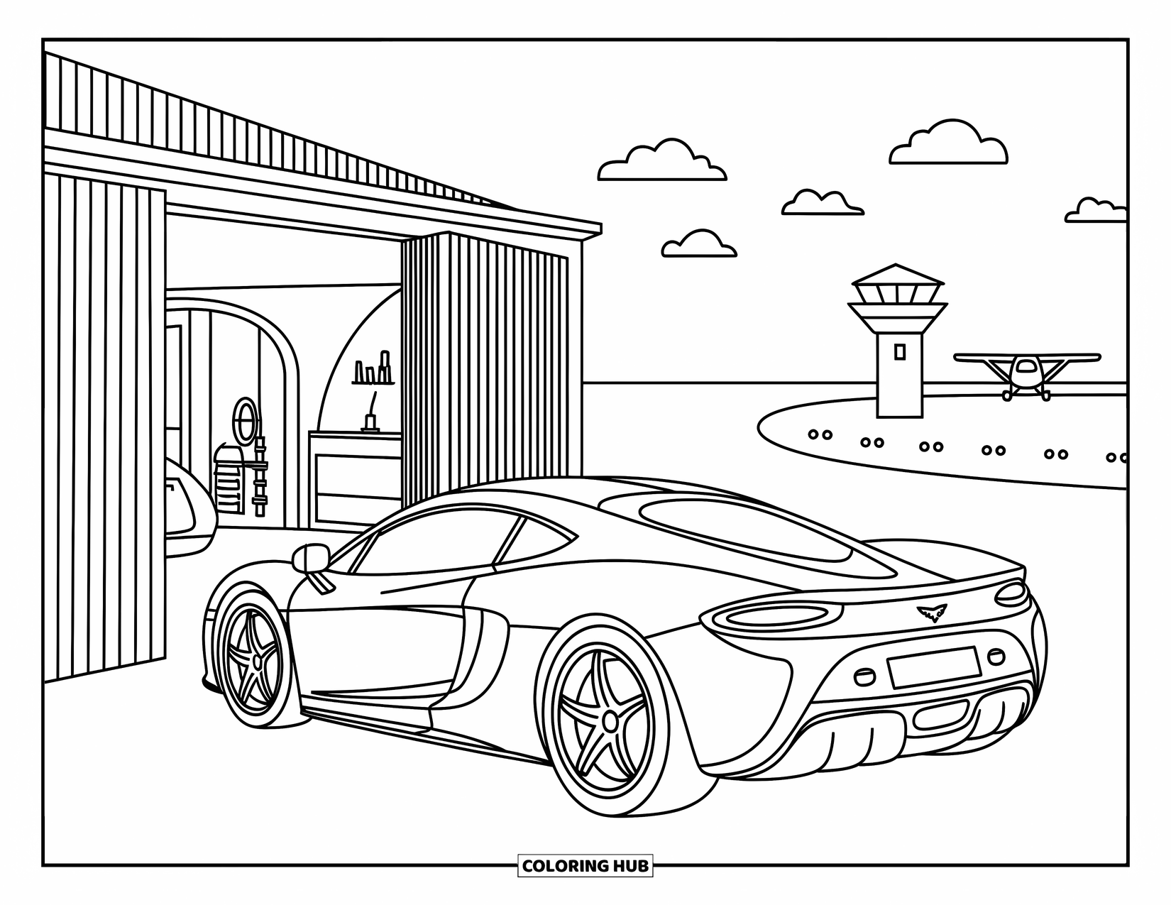 Supercar Coloring Page for Adults: A rounded supercar waits near a cozy hangar and a dot-lined runway