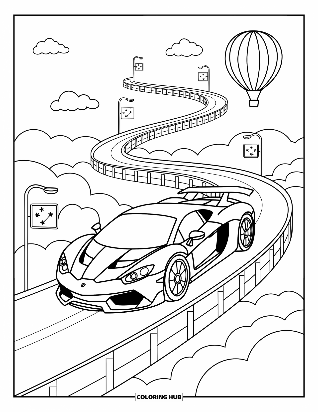 Supercar Coloring Page for Adults: A sky-high supercar cruises above Earth past stars and floating streetlamps