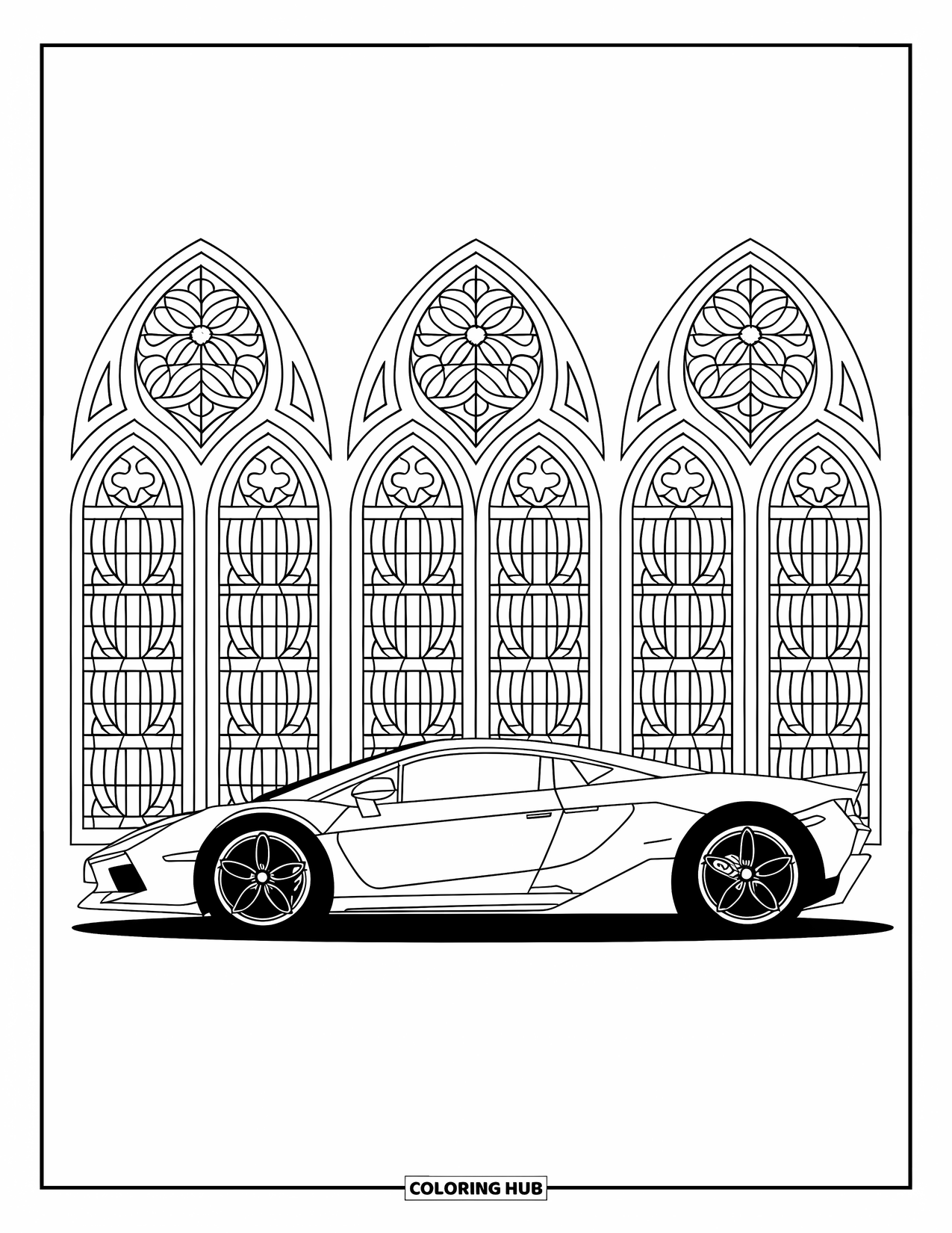Supercar Coloring Page for Adults: Bold supercar rests beside arched cathedral windows with stained glass designs