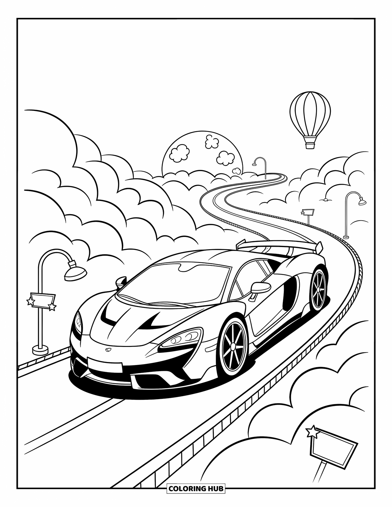 Supercar Coloring Page for Adults: Clouds swirl around a supercar driving through a magical sky highway