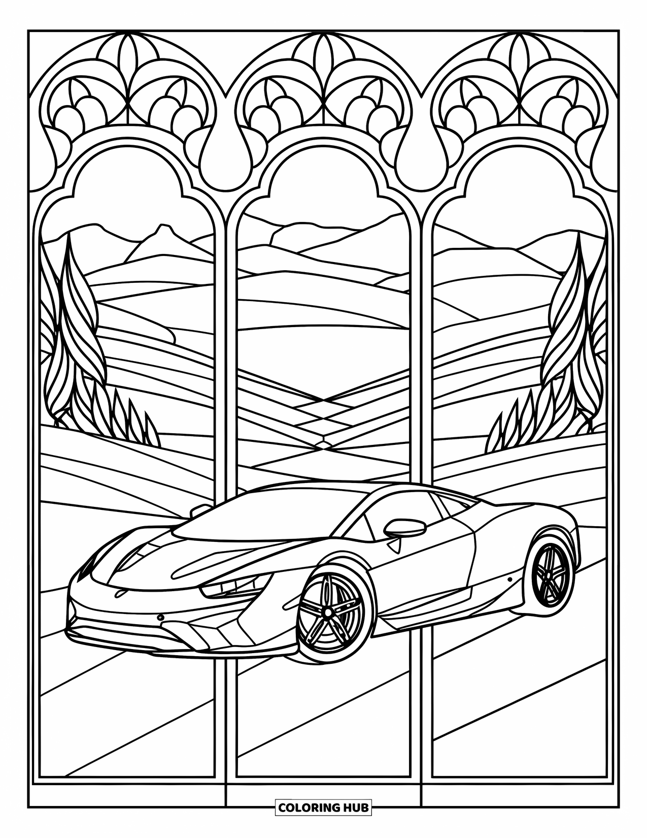 Supercar Coloring Page for Adults: Floral stained glass surrounds a parked supercar in a peaceful landscape