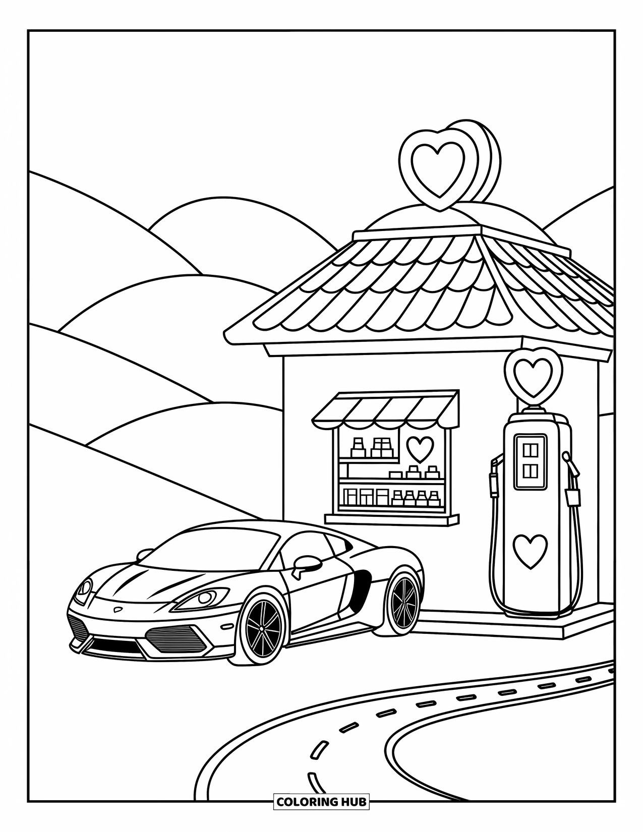 Supercar Coloring Page for Adults: Heart signs and a curvy road frame a supercar near a tiny shop
