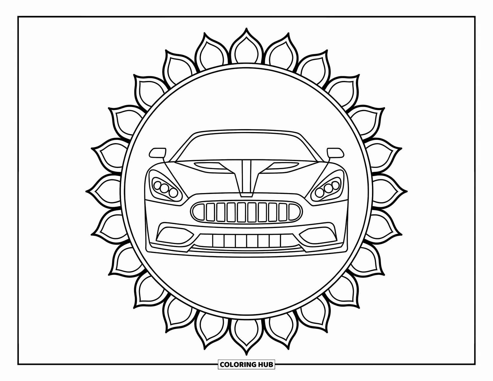 Supercar Coloring Page for Adults: Lotus petals surround a bold supercar grille and smooth headlights