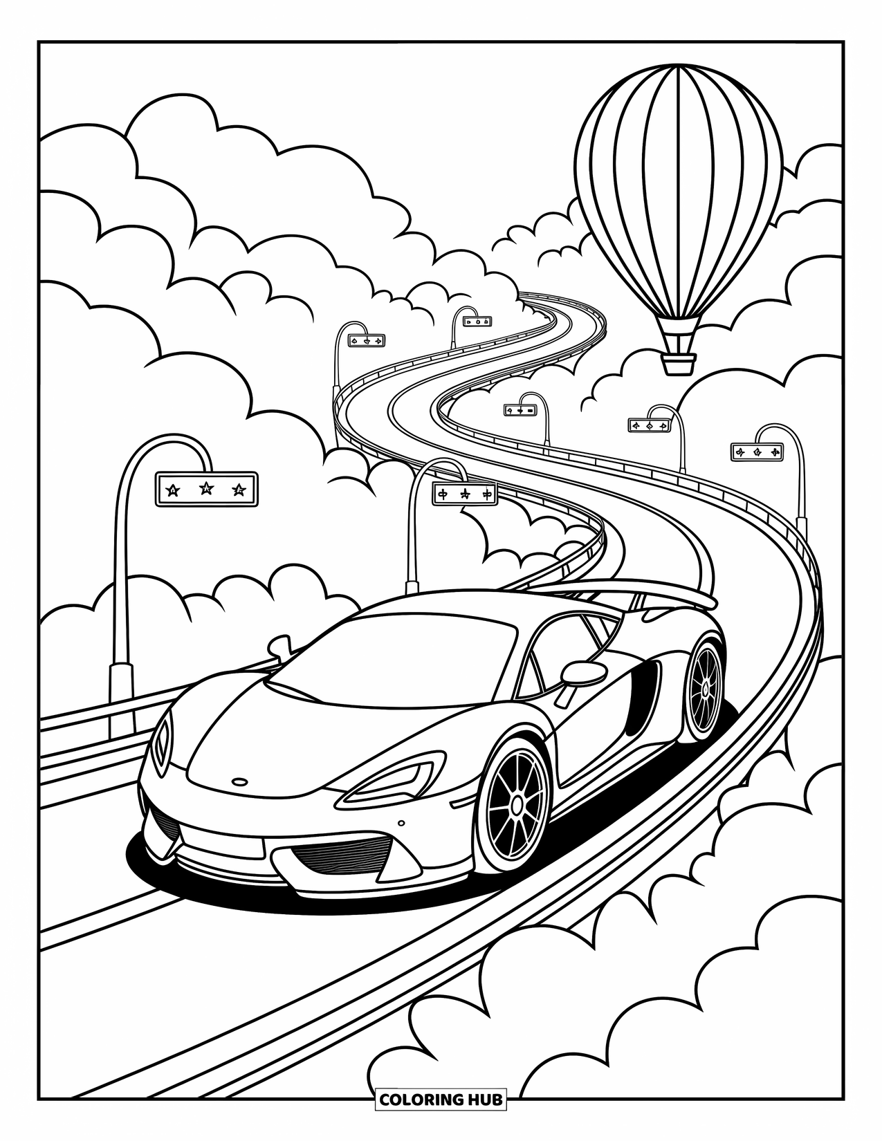 Supercar Coloring Page for Adults: Supercar glides on a floating road with clouds, constellations, and a drifting balloon