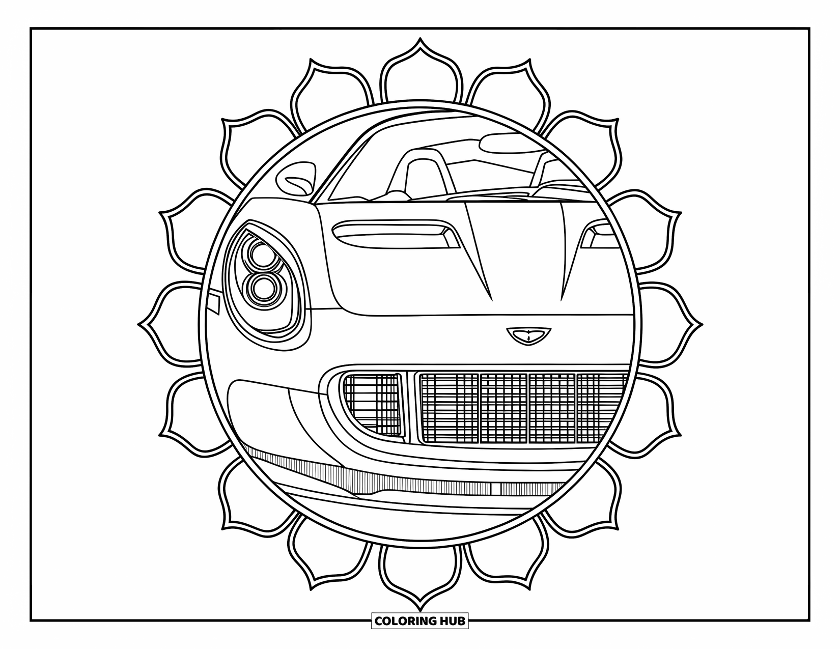Supercar Coloring Page for Adults: Supercar grille shines inside a circular lotus petal mandala