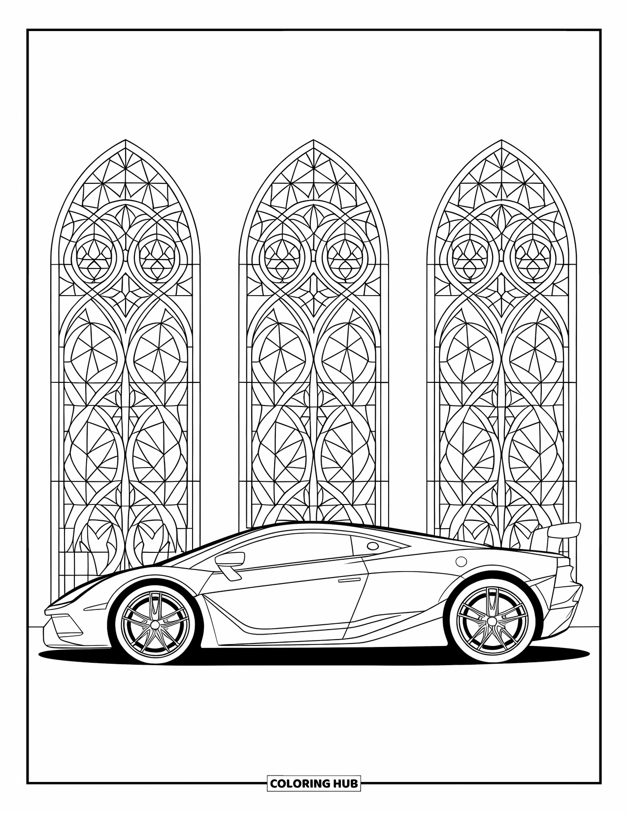 Supercar Coloring Page for Adults: Supercar parked on stone with cathedral arches shining behind
