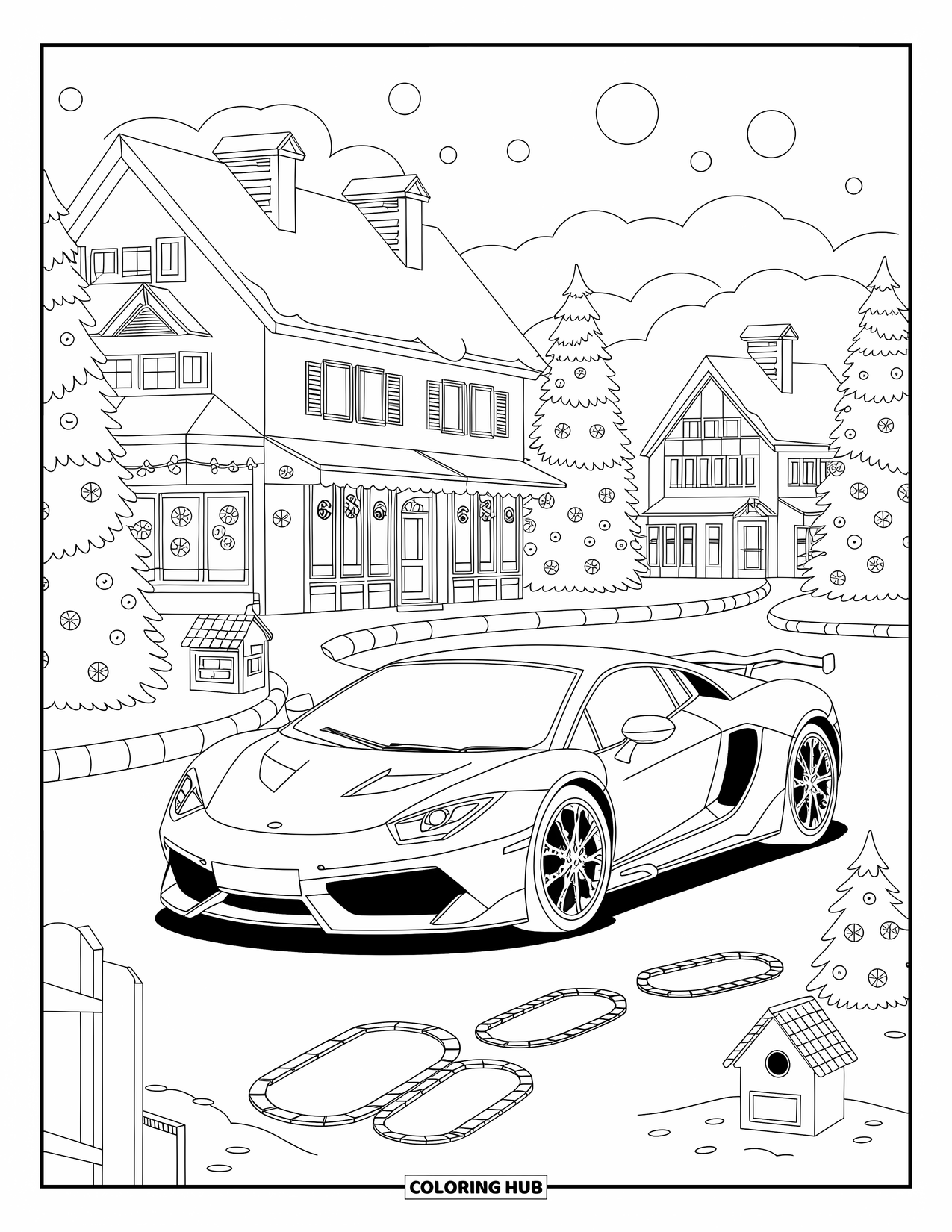 Supercar Coloring Page for Adults: Supercar rests near snowy rooftops, ornaments, and a round cobblestone path