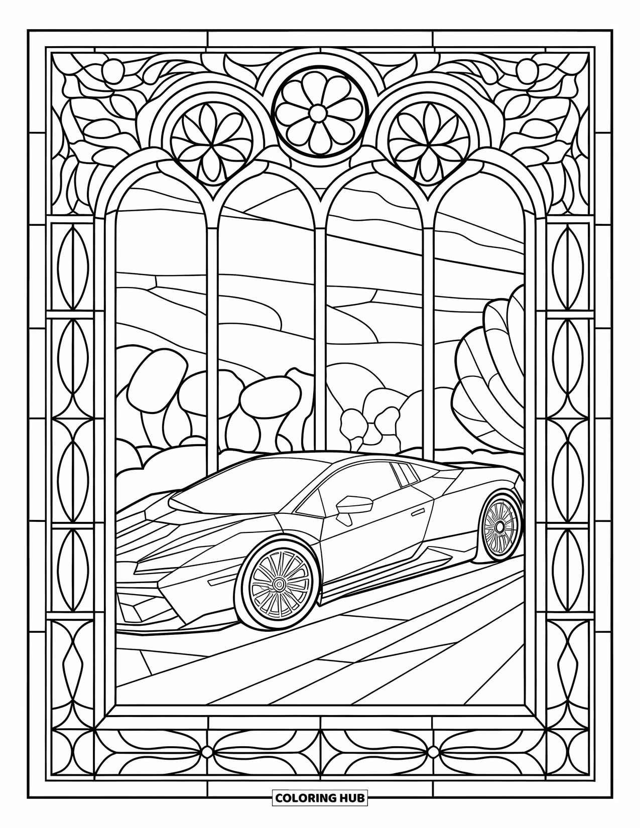 Supercar Coloring Page for Adults: Supercar rests within a stained glass window of flowers and leaves