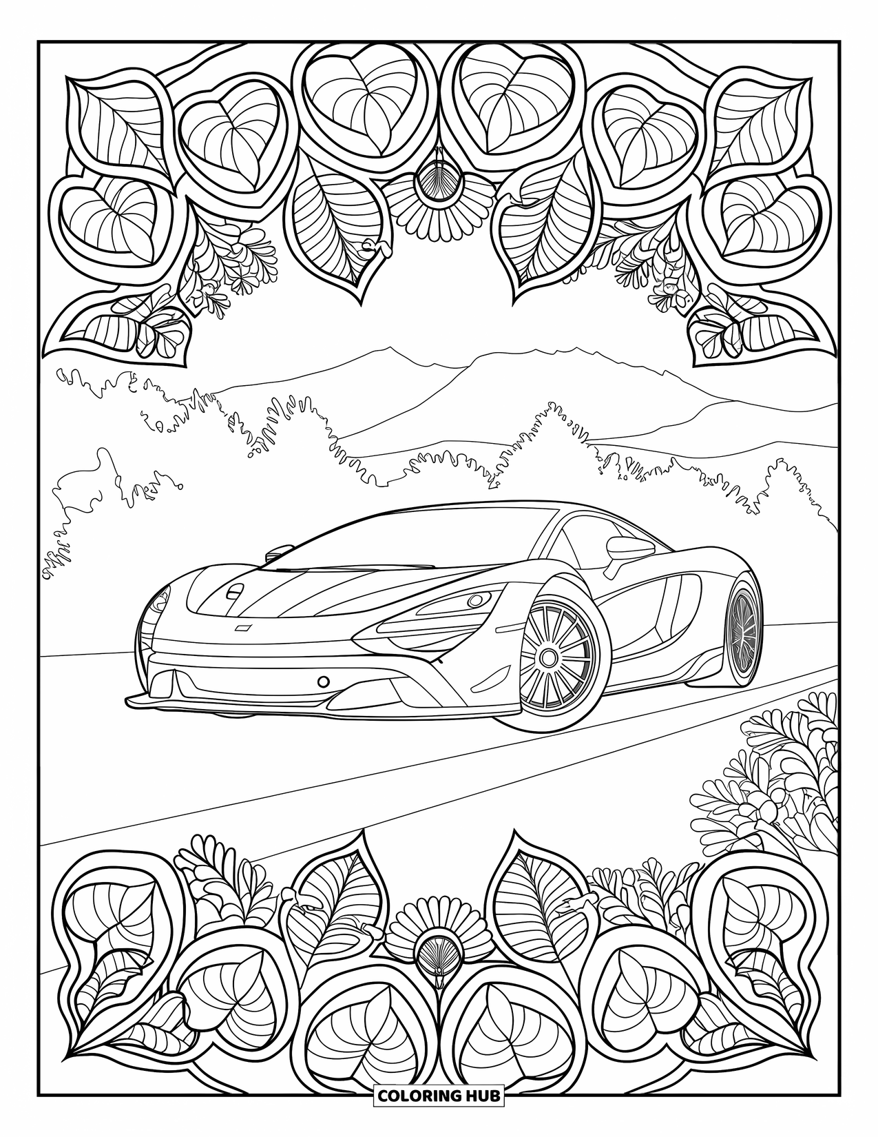 Supercar Coloring Page for Adults: Supercar stands in front of a leaf-filled botanical mandala