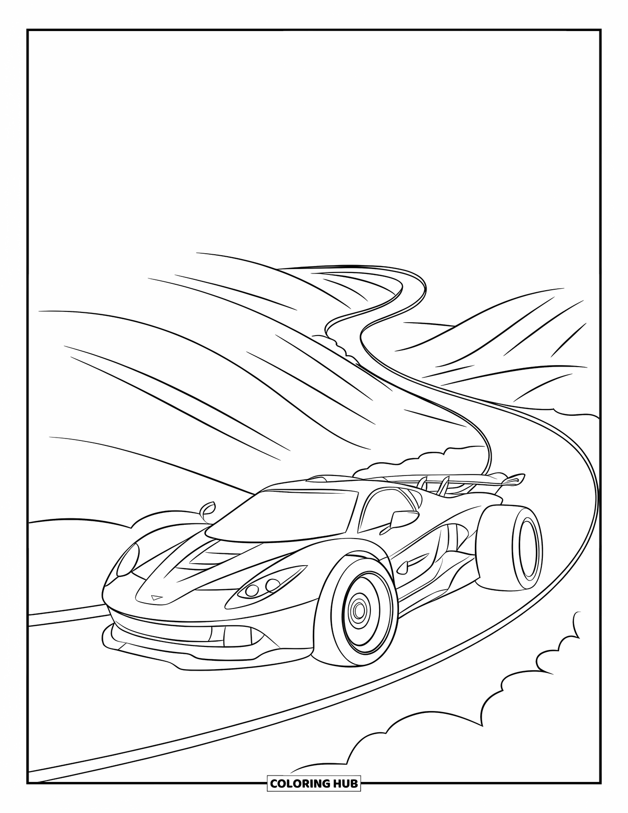 Supercar Coloring Page for Kids: A bold car speeds through a curvy landscape with tall trees