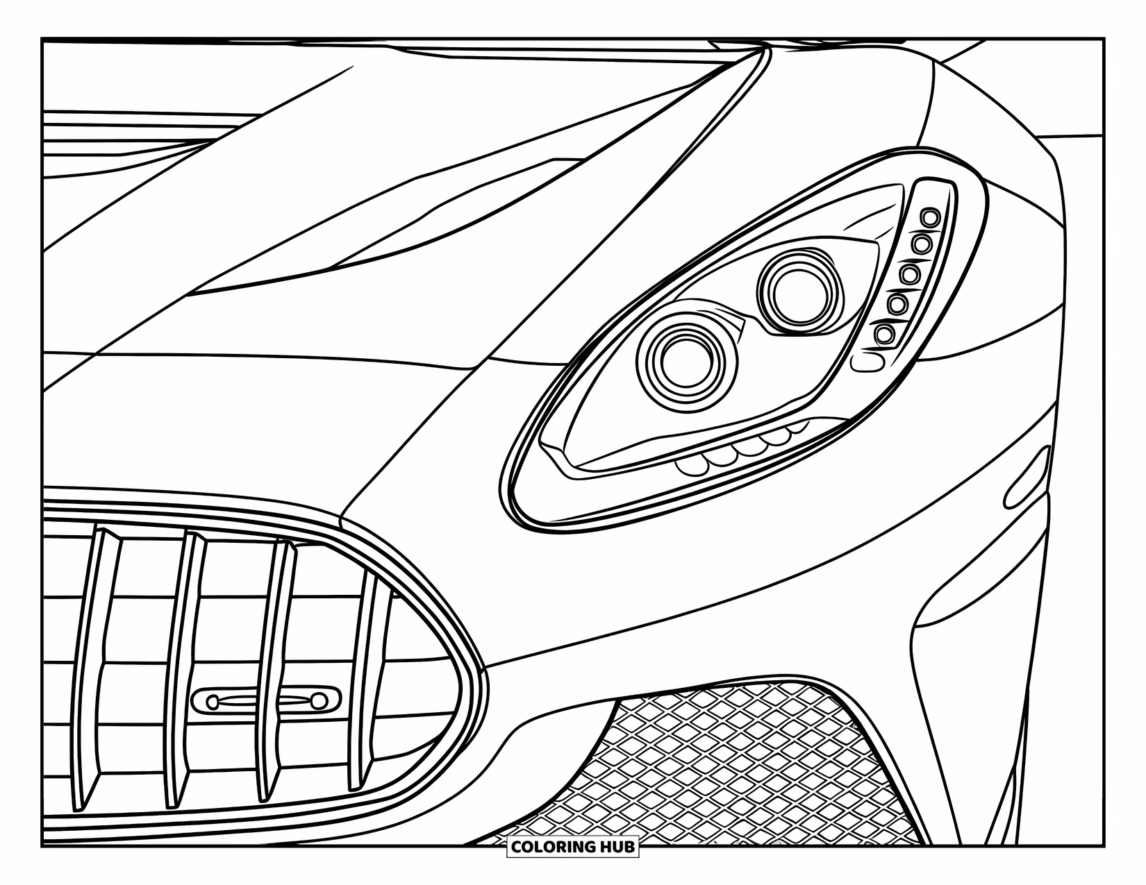 Supercar Coloring Page for Kids: A close-up of a supercarís bold grille and LED headlight