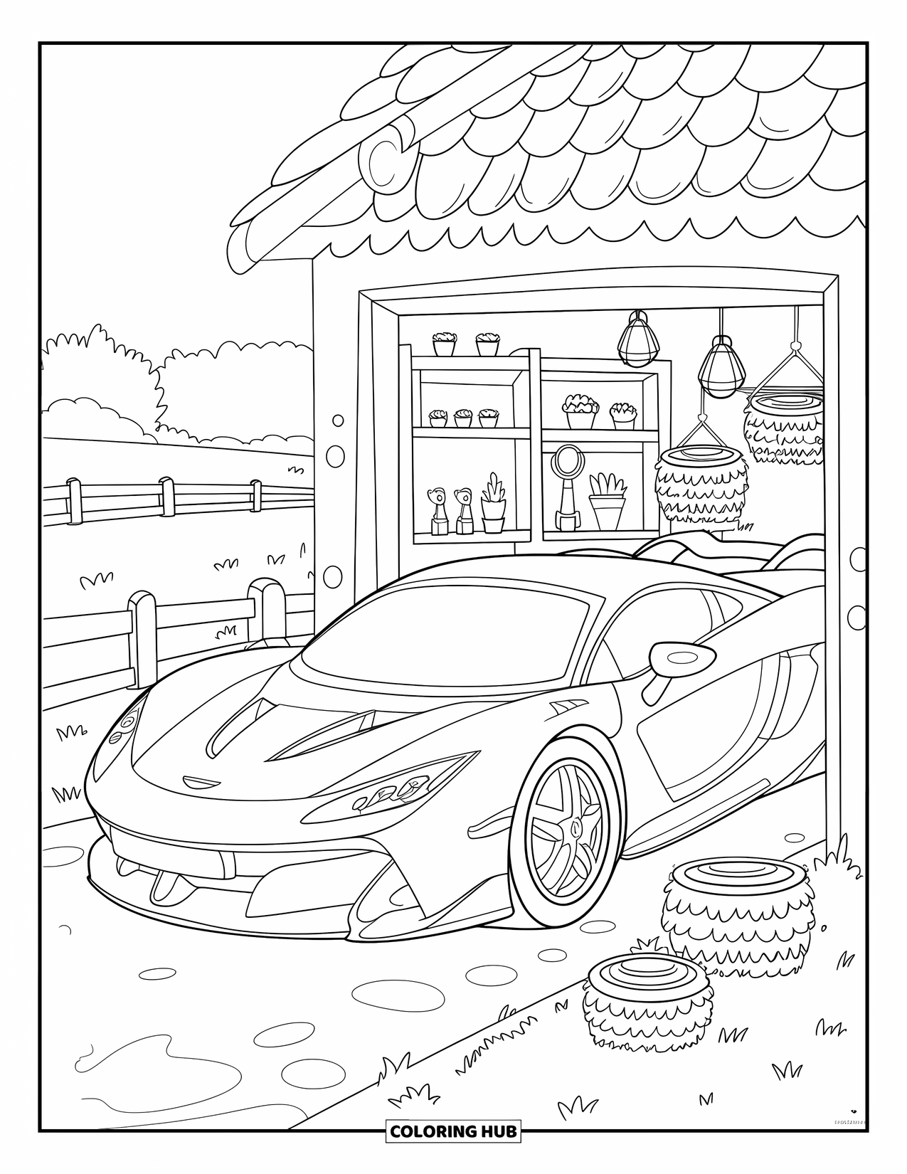 Supercar Coloring Page for Kids: A kawaii supercar smiles softly from a cozy countryside garage