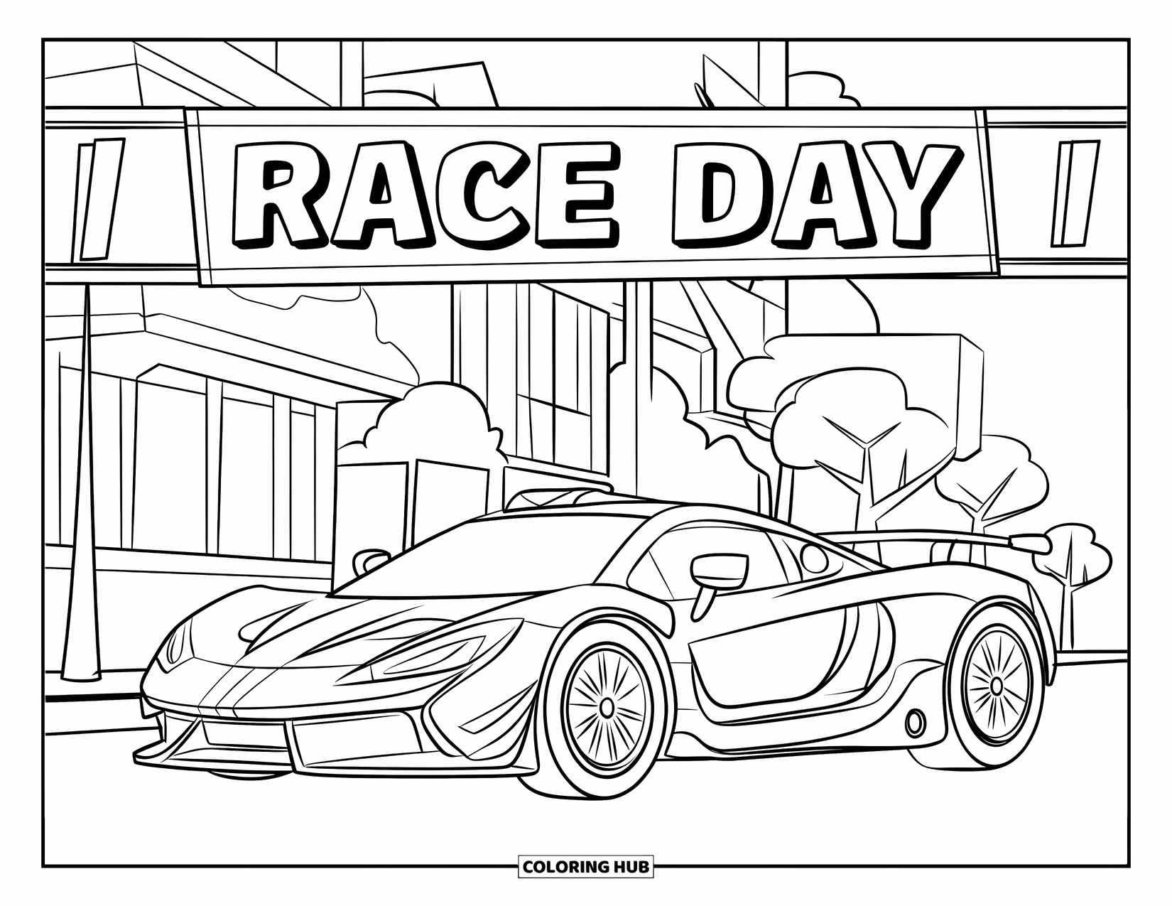 Supercar Coloring Page for Kids: A playful supercar sits under a banner that reads ìRace Day.î