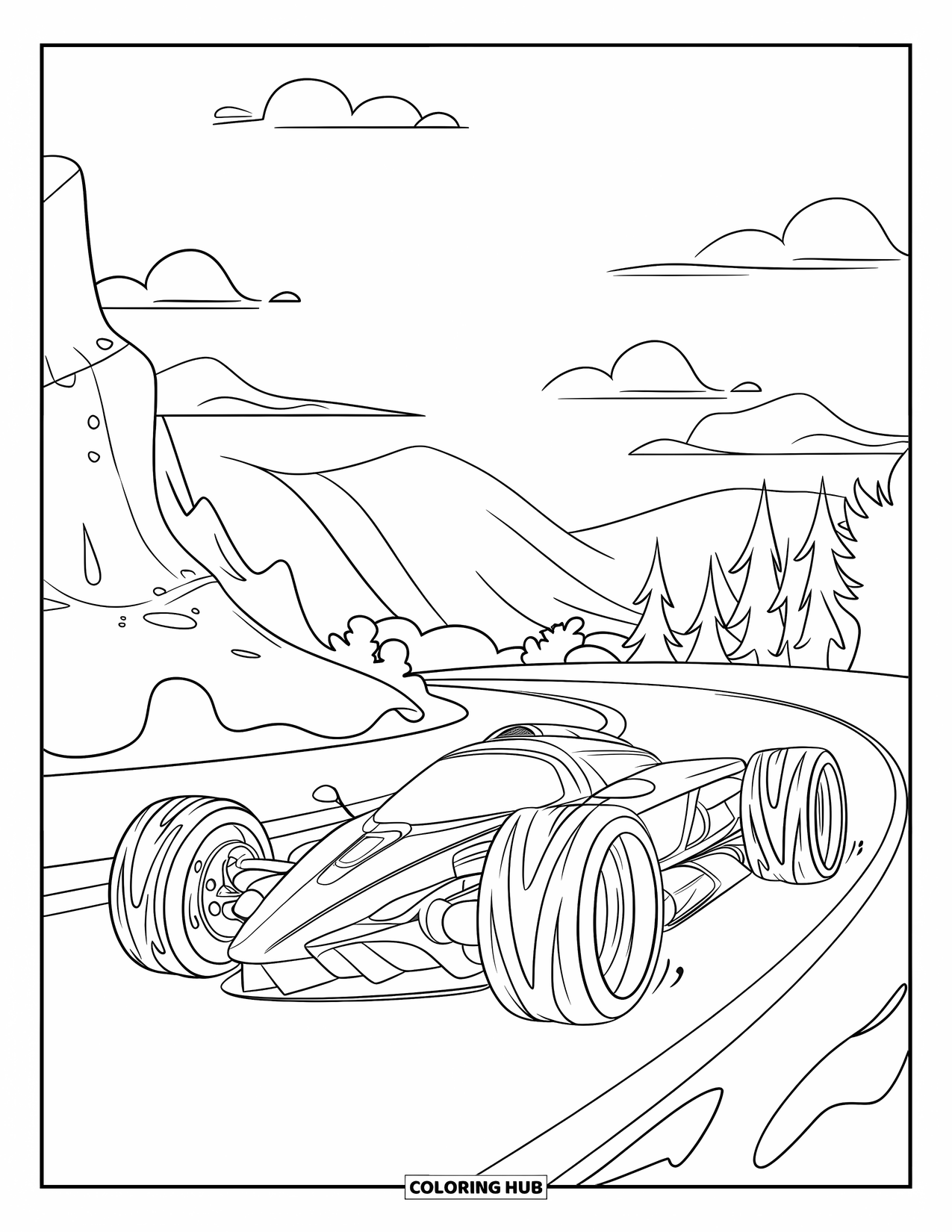 Supercar Coloring Page for Kids: A sleek supercar with big tires zooms along a twisty hill road