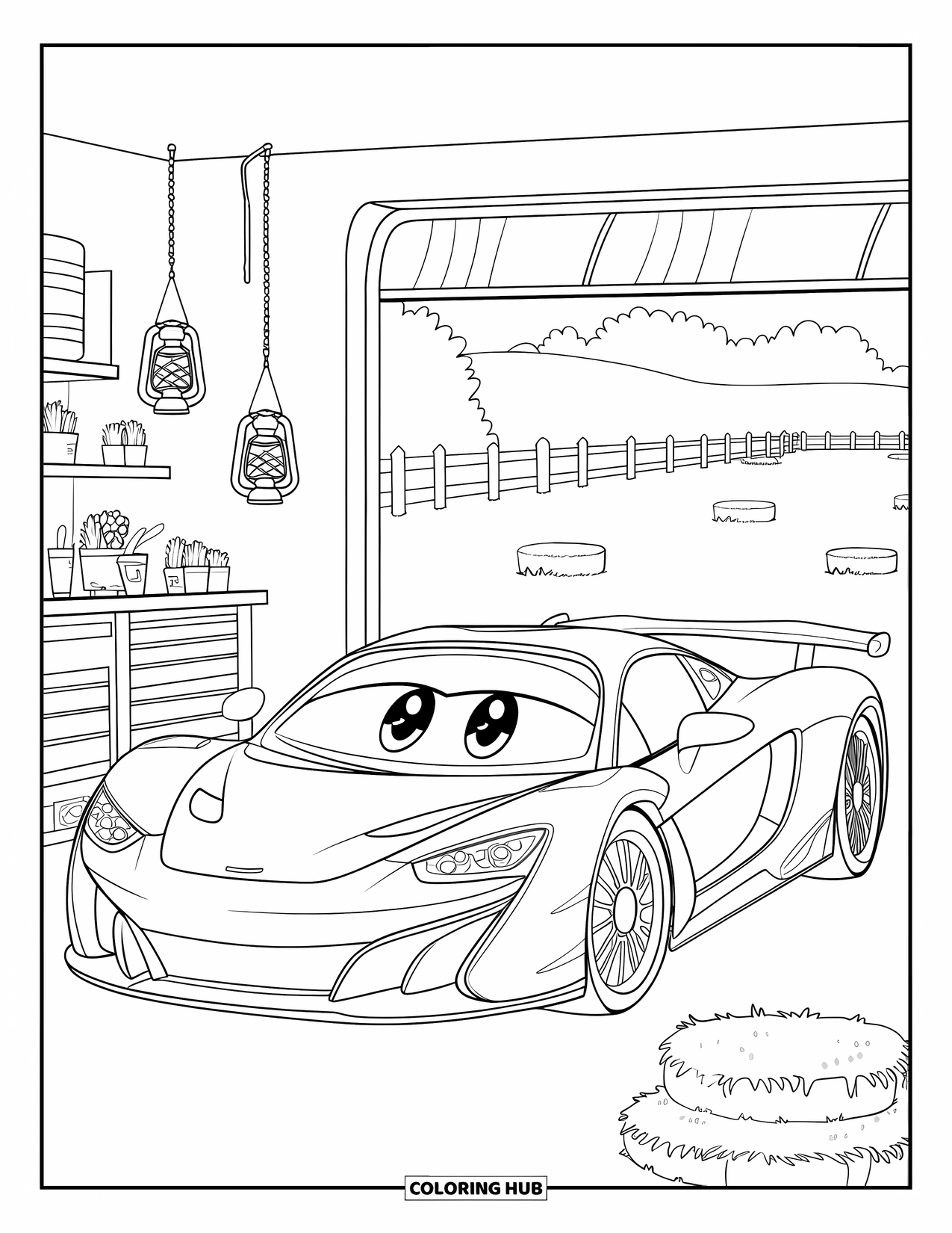 Supercar Coloring Page for Kids: A smiling kawaii supercar rests in a cozy countryside garage