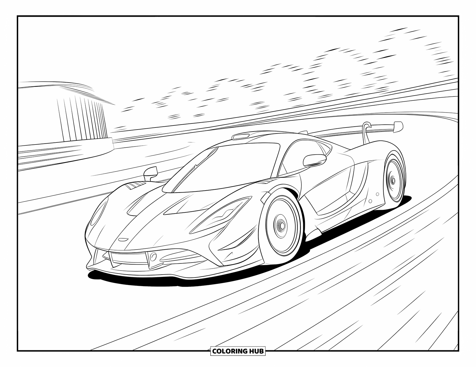 Supercar Coloring Page for Kids: A supercar blazes forward with flames and speed lines behind it