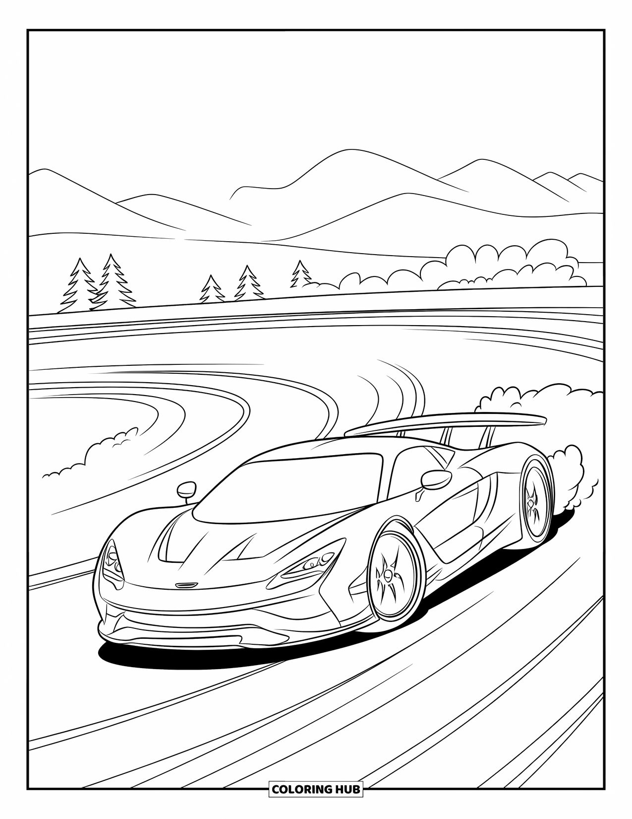 Supercar Coloring Page for Kids: A supercar drifts hard around a track, kicking up dust and motion