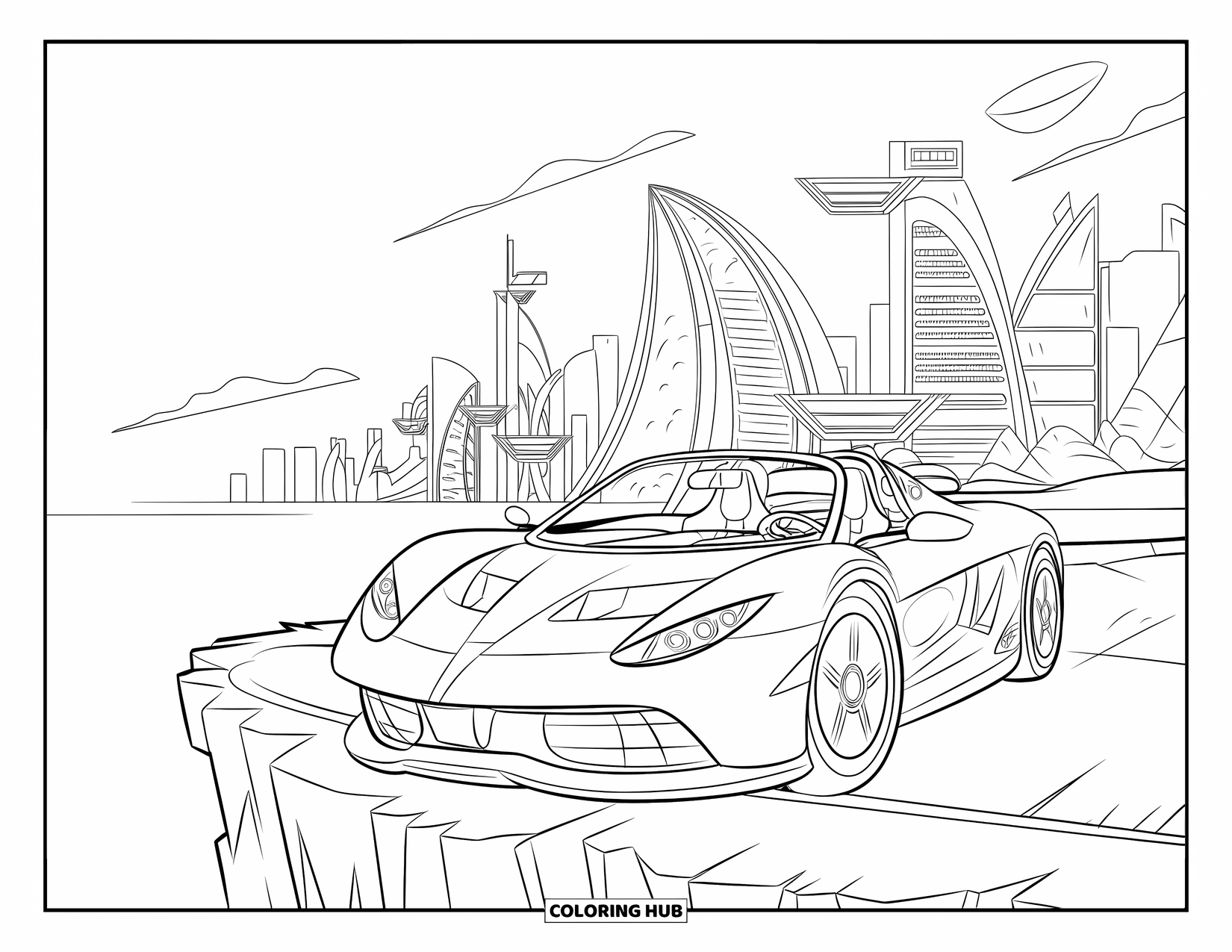 Supercar Coloring Page for Kids: A supercar sits above a city filled with glowing, modern buildings
