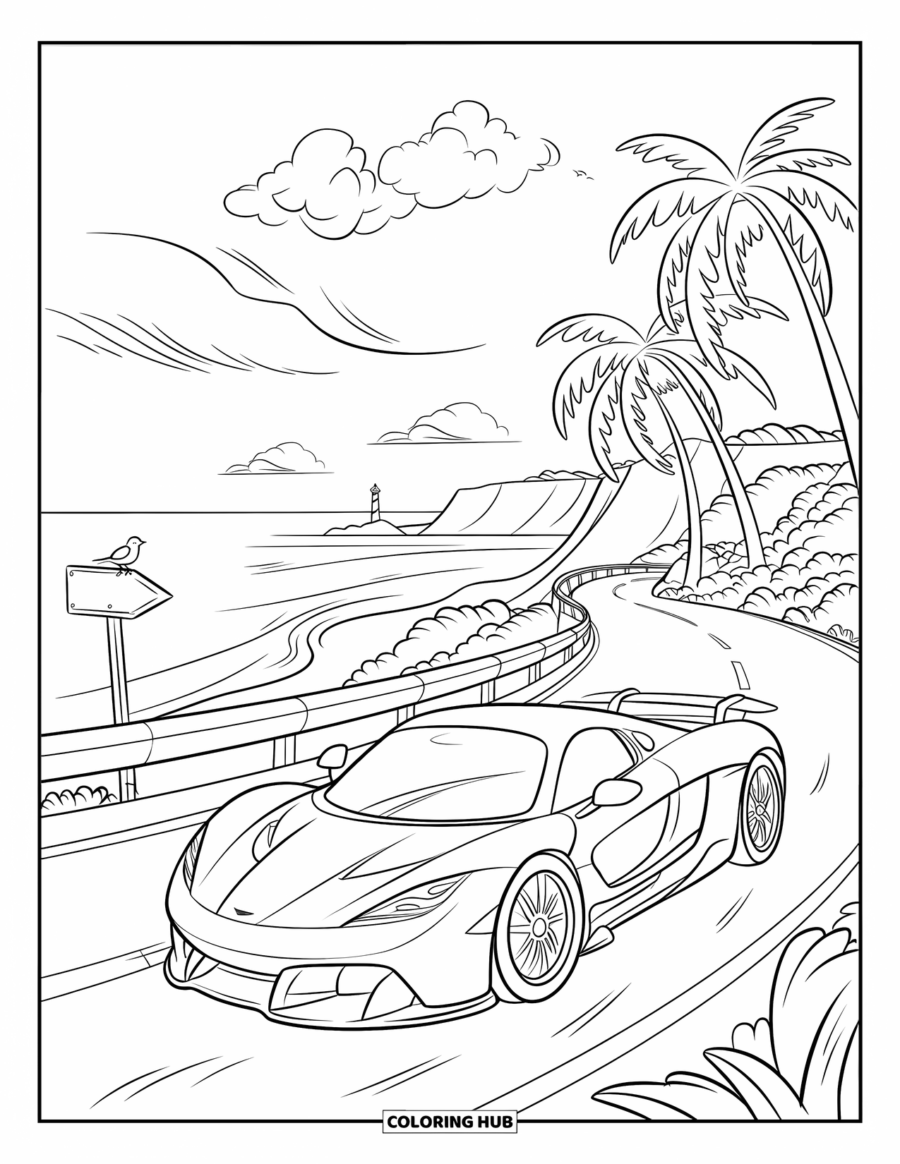 Supercar Coloring Page for Kids: Cute supercar glides along a curvy road with cliffs and crashing waves