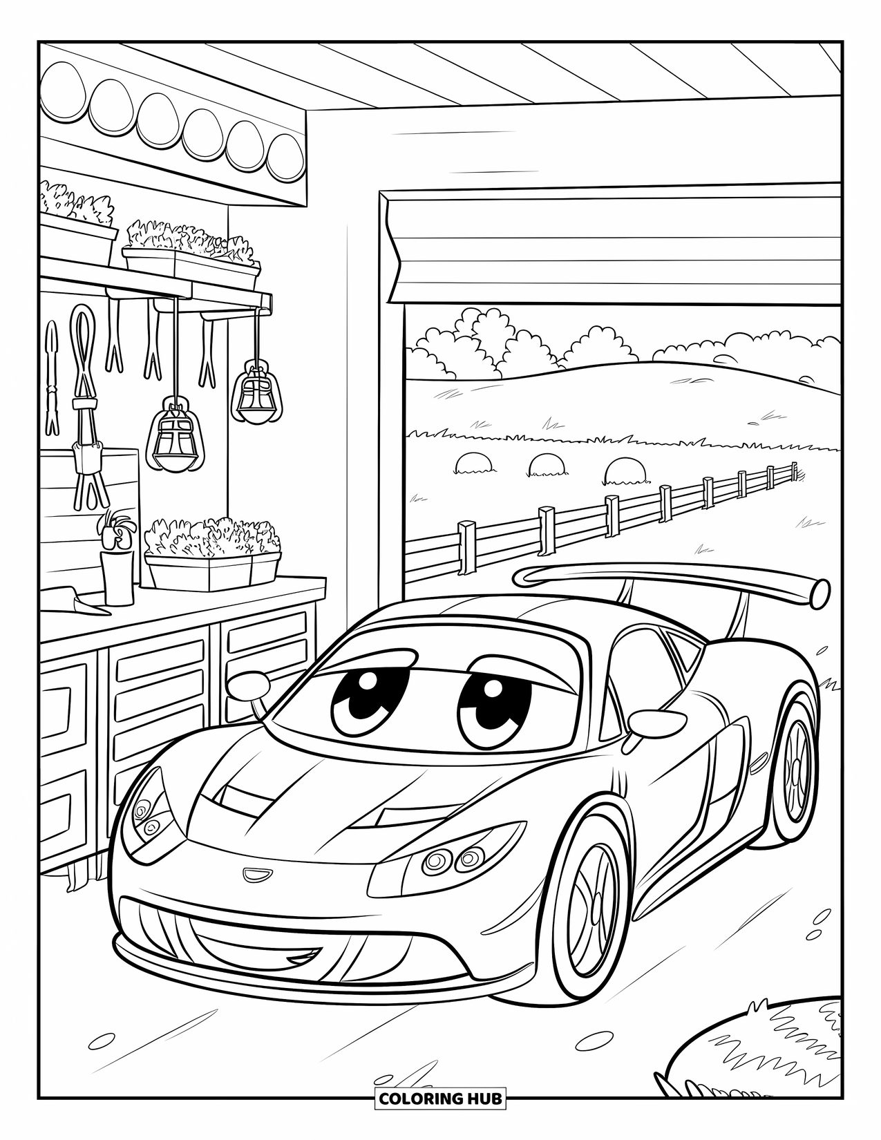 Supercar Coloring Page for Kids: Cute supercar with a smile parks near plants and tools in a tidy garage