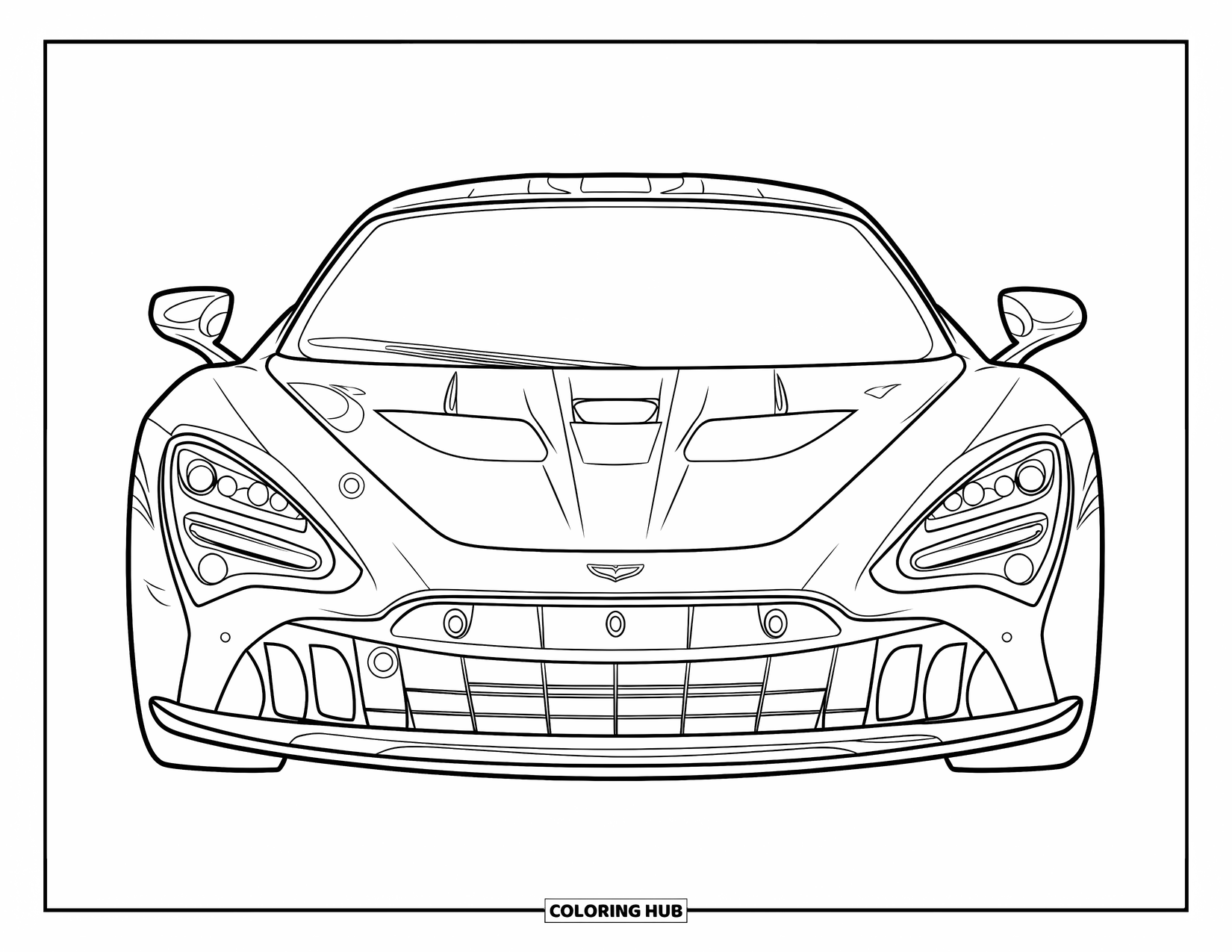 Supercar Coloring Page for Kids: Front grille of a sleek supercar with detailed headlight design