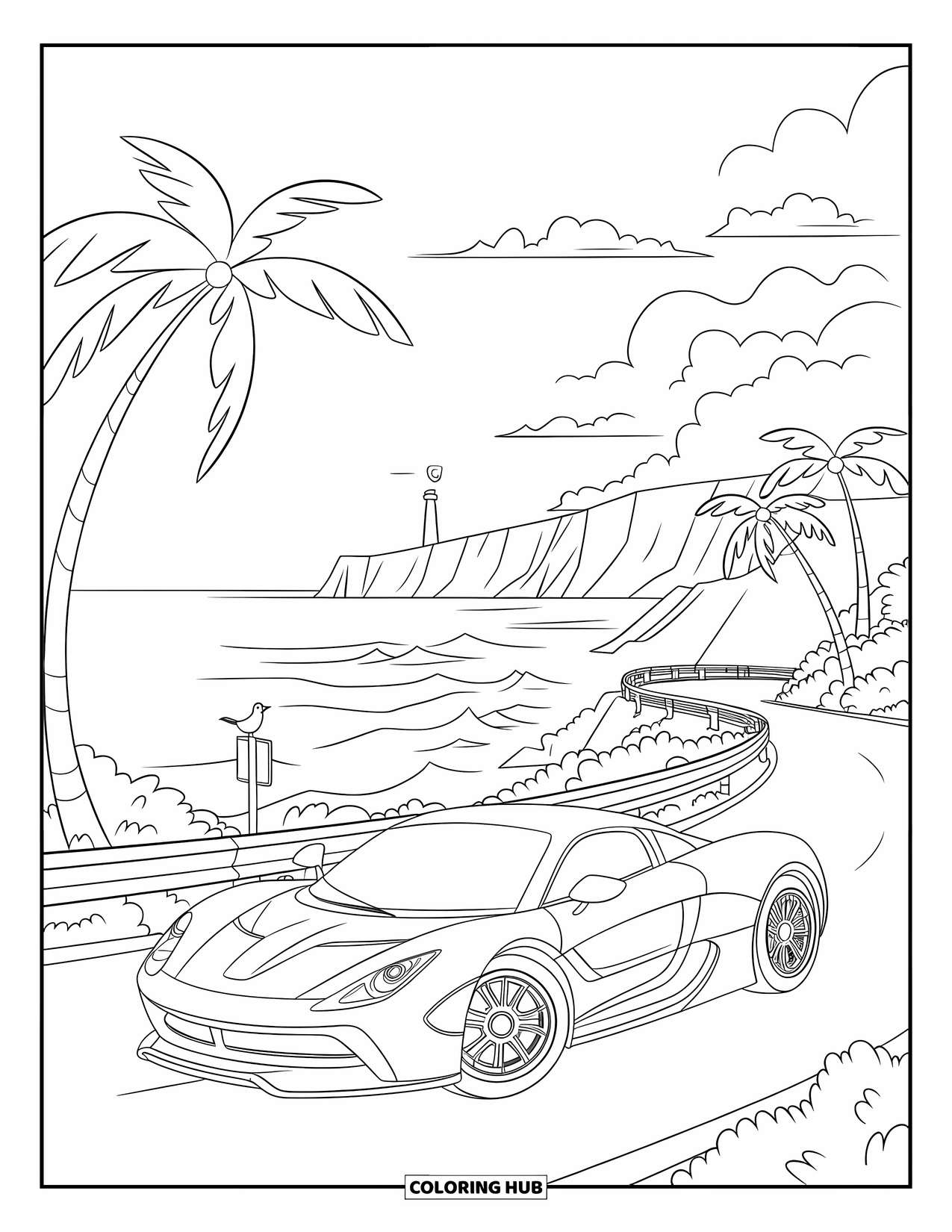 Supercar Coloring Page for Kids: Seaside road winds past a supercar parked near cliffs and palm trees