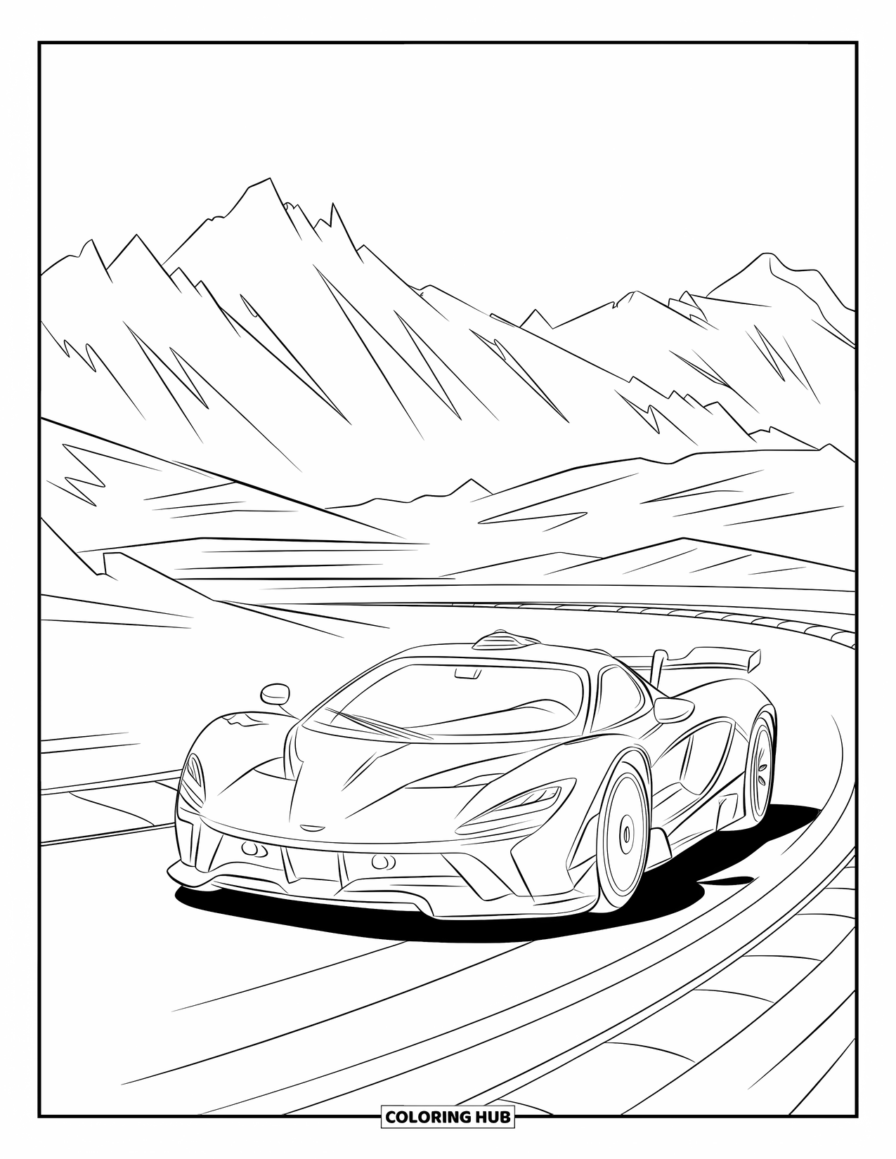 Supercar Coloring Page for Kids: Sharp curve sends a racing car past rocky peaks