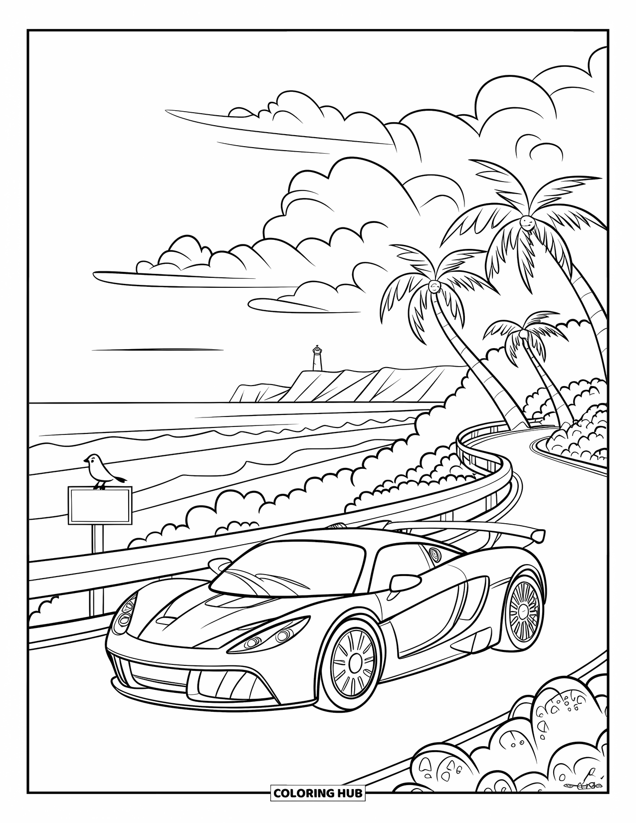 Supercar Coloring Page for Kids: Supercar cruises along a coastal road with palm trees and ocean waves