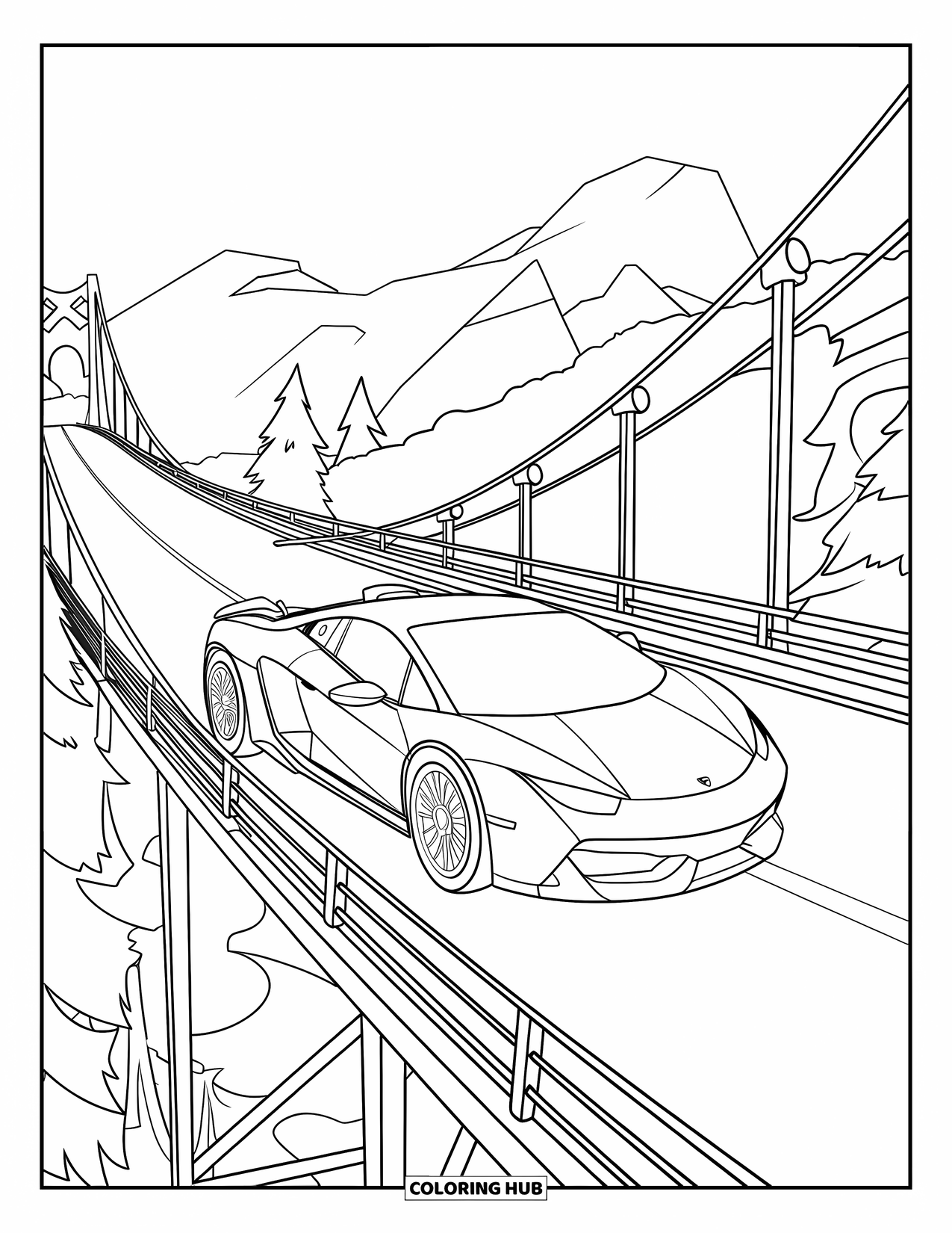 Supercar Coloring Page for Kids: Supercar drives over a tall suspension bridge with trees and mountains behind