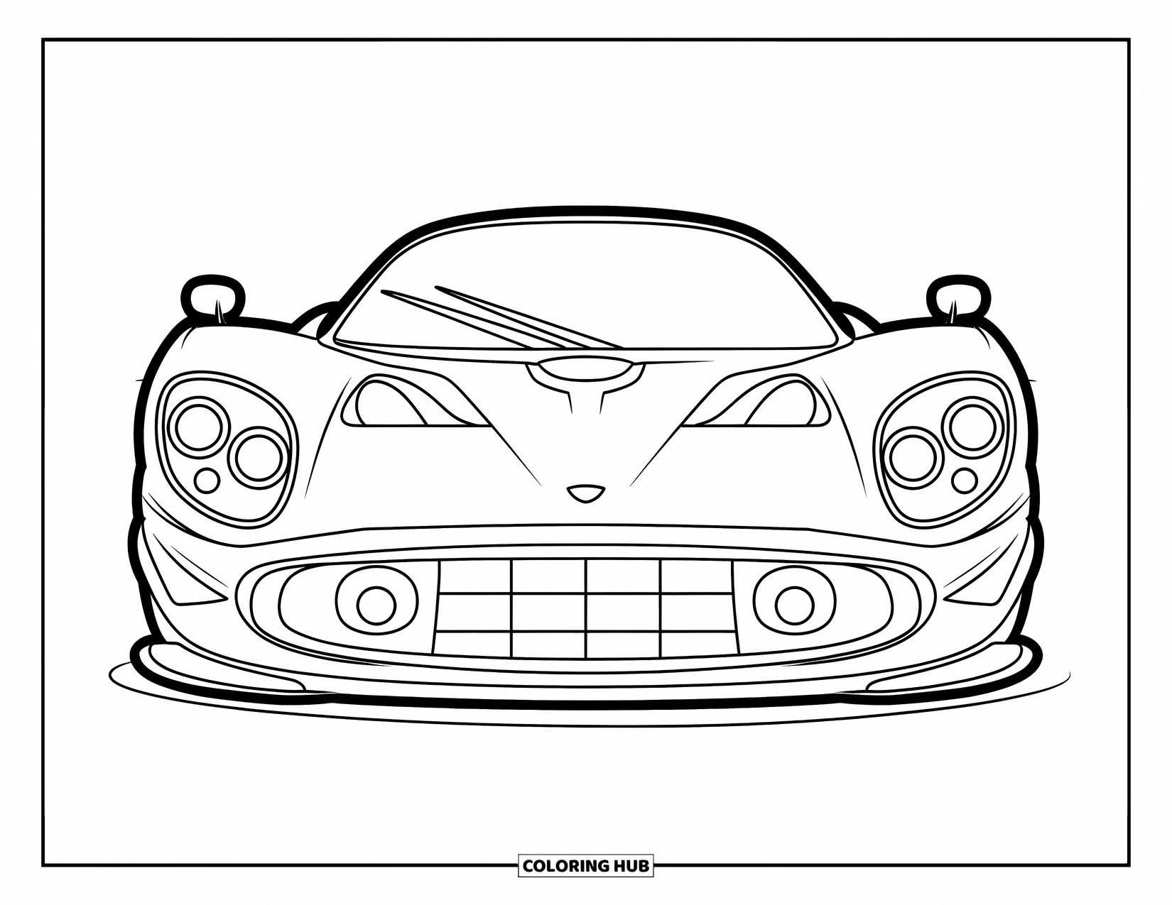 Supercar Coloring Page for Kids: Supercar parked head-on with big headlights and a soft grill