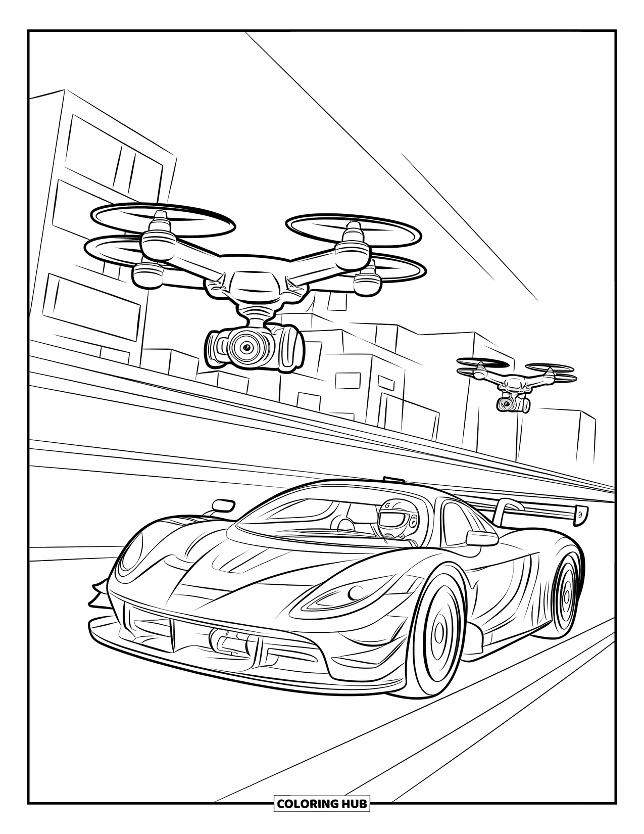 Supercar Coloring Page for Kids: Supercar speeds past recording drones through a futuristic city race
