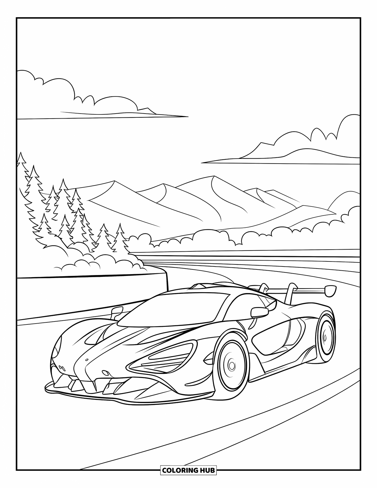 Supercar Coloring Page for Kids: Supercar speeds past tall mountains on a curving racetrack