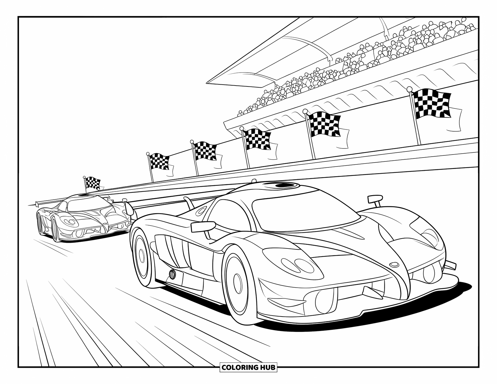 Supercar Coloring Page for Kids: Supercars race with tire marks and checkered flags flying
