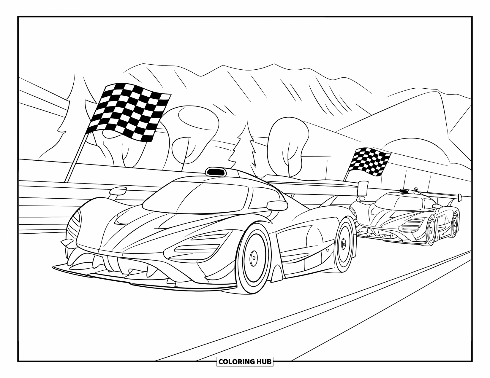 Supercar Coloring Page for Kids: Two race cars compete near checkered flags and grandstands