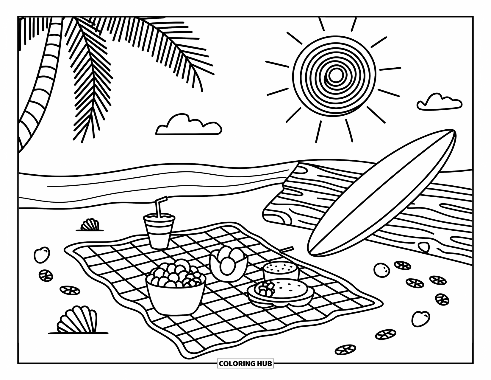 Surfing Coloring Page for Adults: A cozy beach picnic with fruit, rice balls, and a surfboard under a palm tree