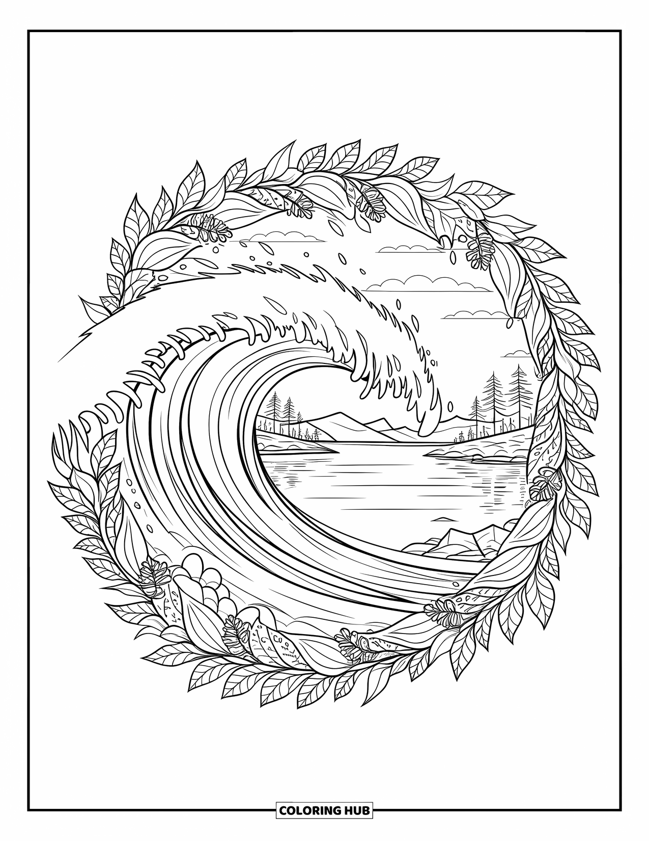 Surfing Coloring Page for Adults: A crashing wave encircled by a detailed mandala of vines and blossoms