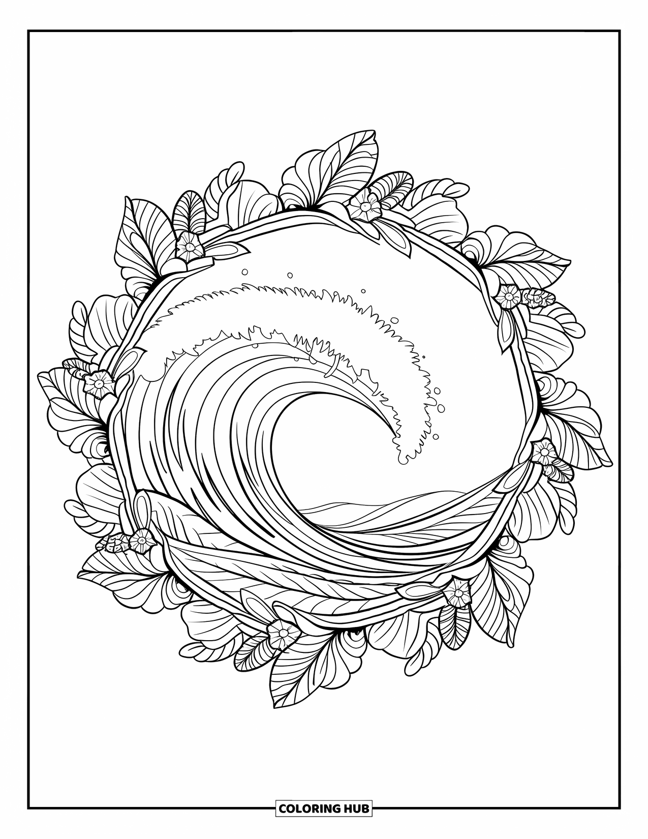 Surfing Coloring Page for Adults: A curling wave bursts within a mandala of leaves and flowers