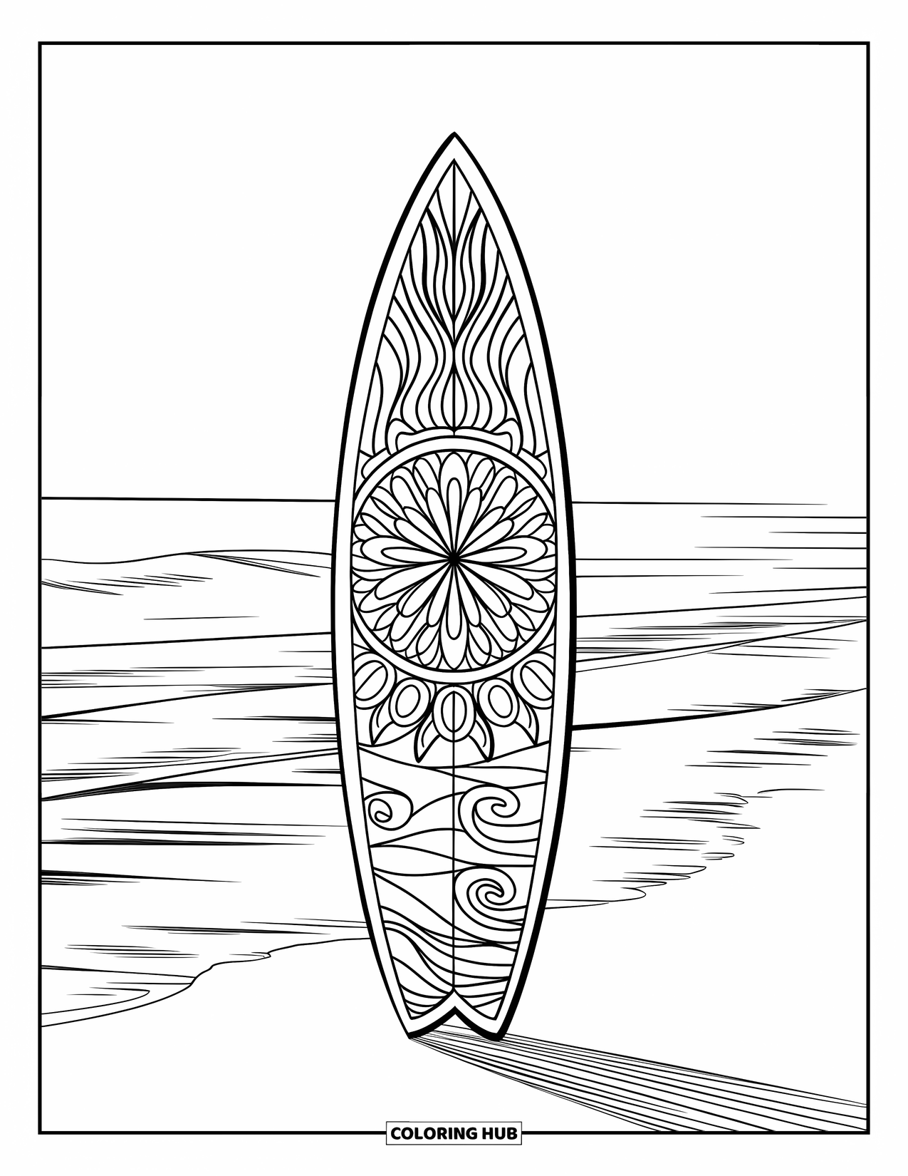 Surfing Coloring Page for Adults: A floral mandala surrounds a surfboard standing on a calm sandy beach