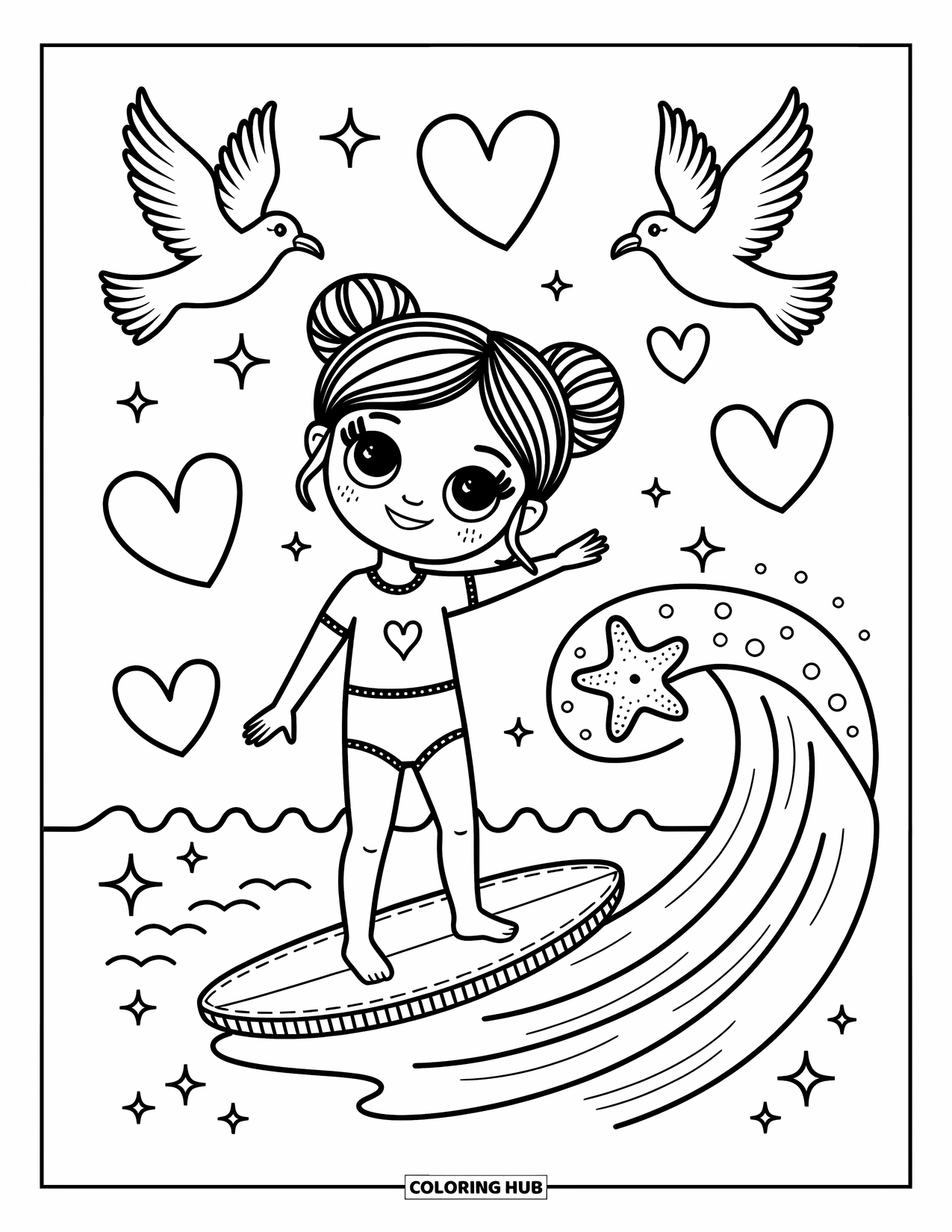 Surfing Coloring Page for Adults: A smiling surfer girl balances on her board under heart-shaped clouds