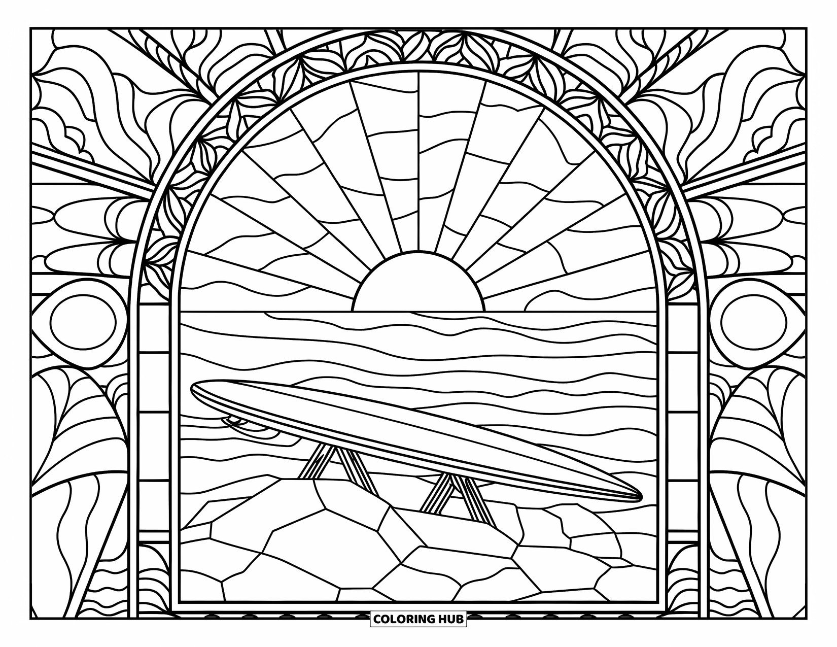 Surfing Coloring Page for Adults: A surfboard rests on rocks with radiant stained-glass sun and ocean behind