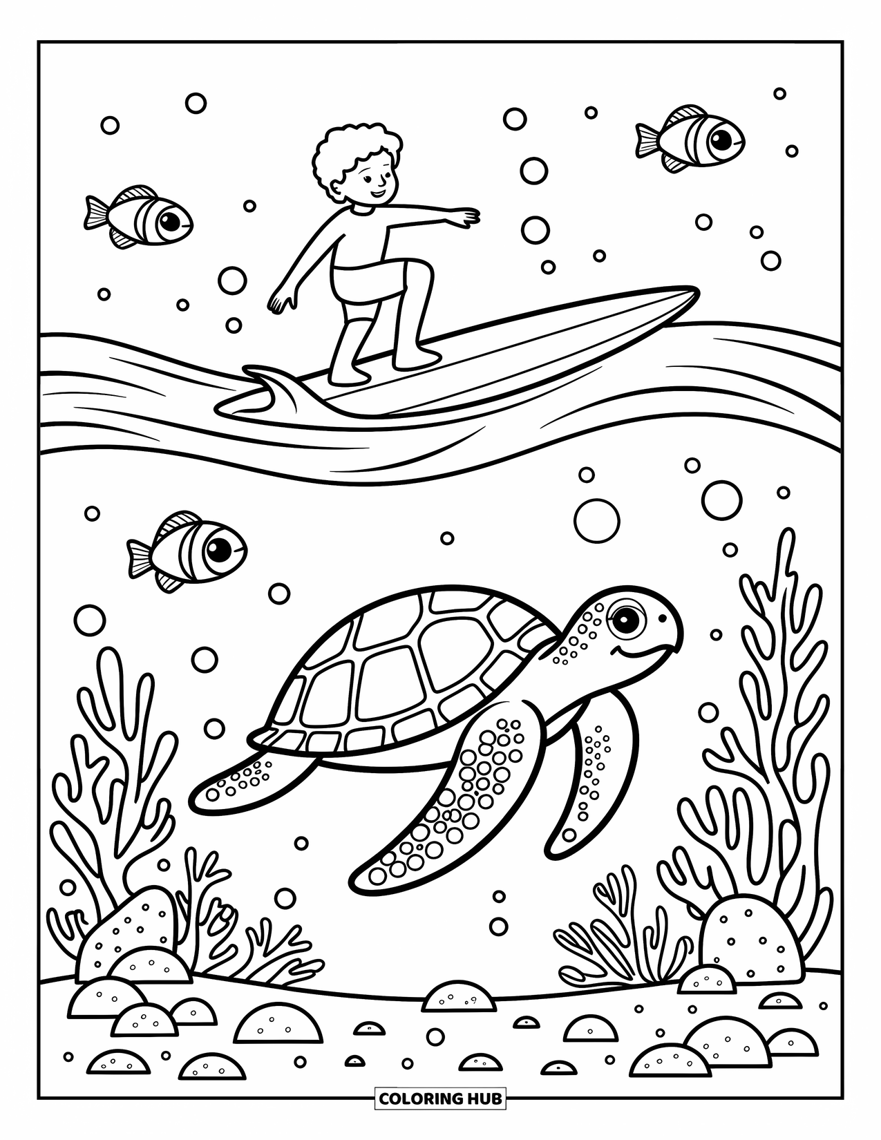 Surfing Coloring Page for Adults: A turtle glides underwater beneath a surfboard and gentle waves