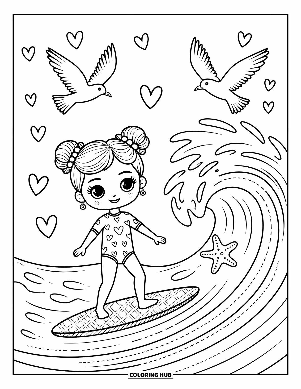 Surfing Coloring Page for Adults: A young girl surfs a gentle wave with seagulls and heart clouds above