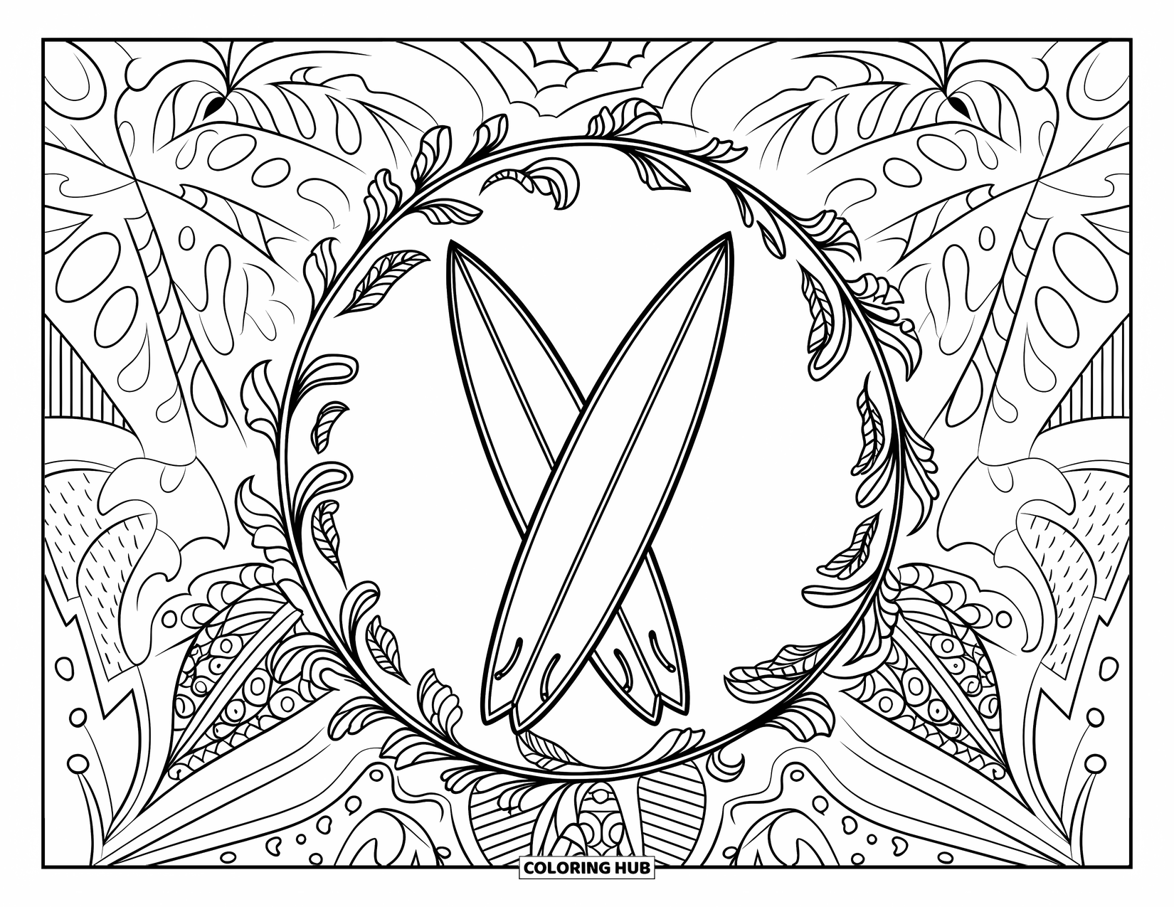 Surfing Coloring Page for Adults: Crossed surfboards stand against palm trees with vines forming a floral mandala