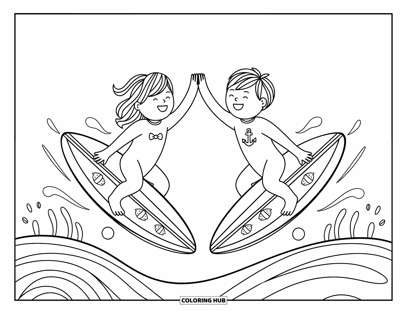Surfing Coloring Page for Adults: Kids smile and high-five on their surfboards surrounded by foamy waves