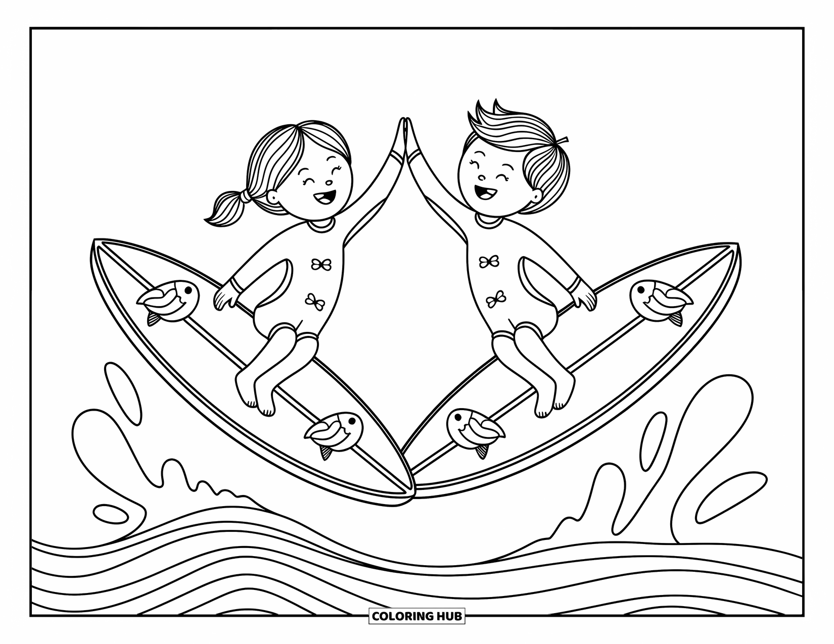 Surfing Coloring Page for Adults: Surfing friends share a high-five over looping waves at sunset
